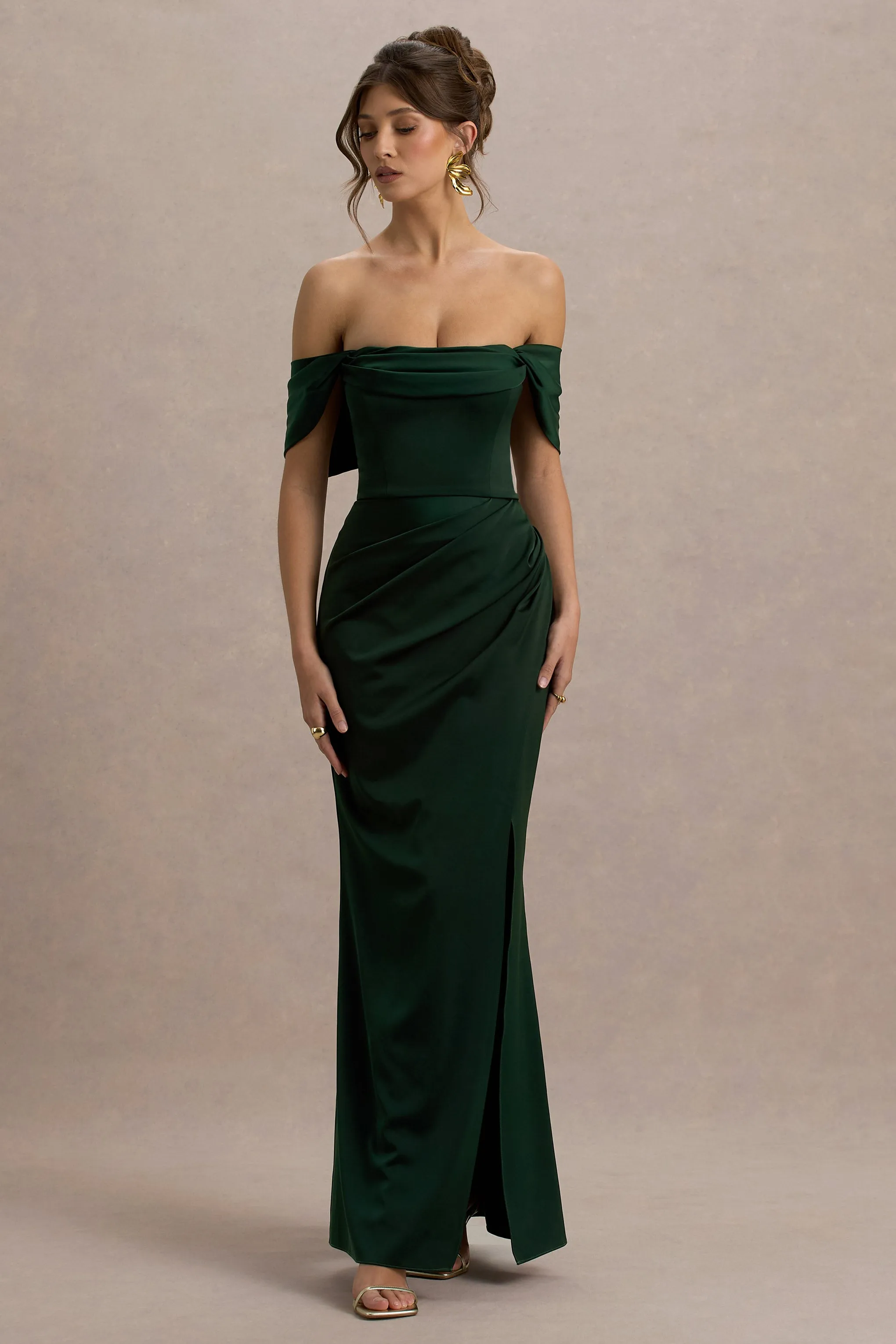 Annie | Bottle Green Satin Bardot Maxi Dress With Split Wrap Skirt Club L London