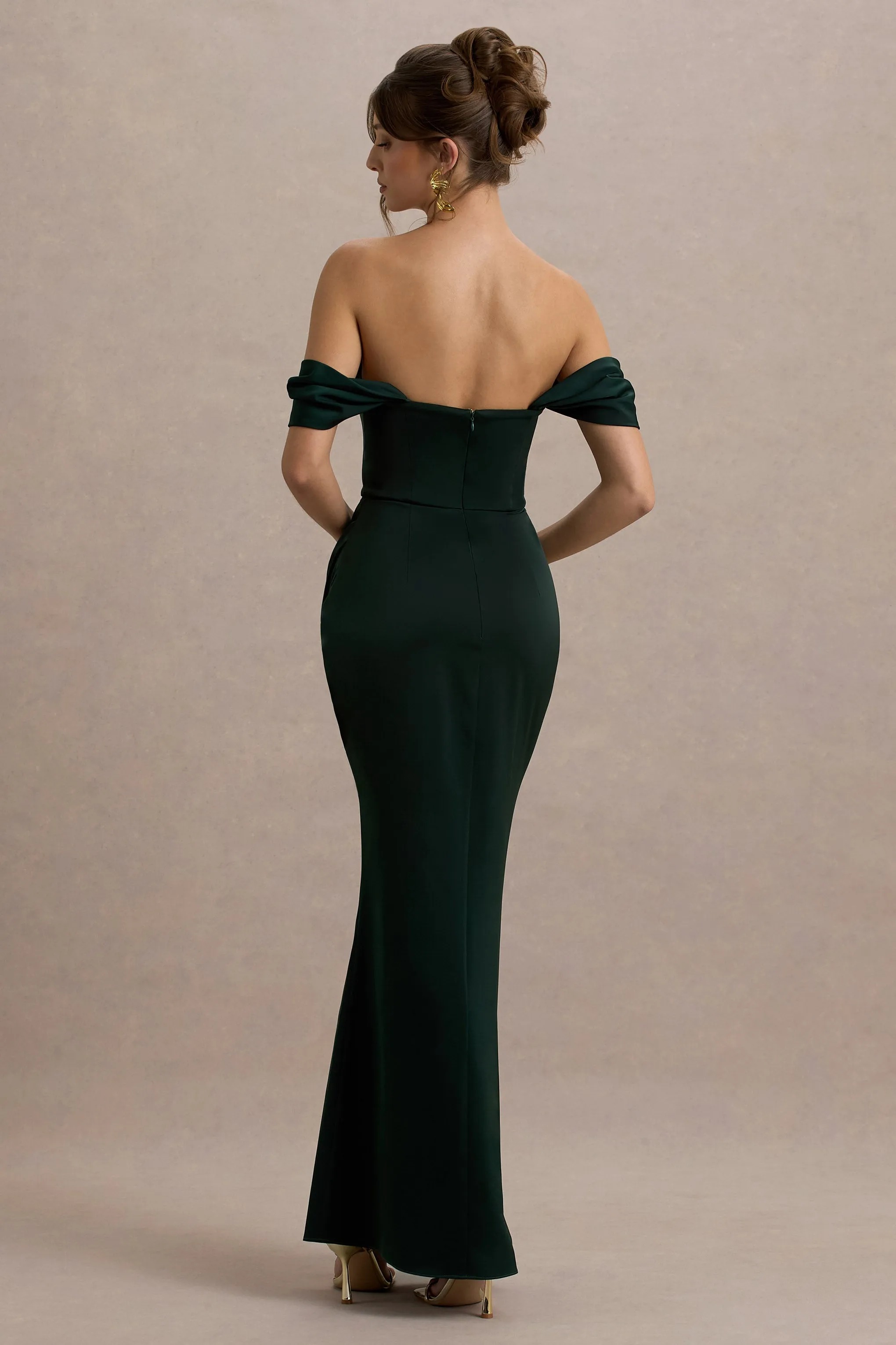 Annie | Bottle Green Satin Bardot Maxi Dress With Split Wrap Skirt Club L London