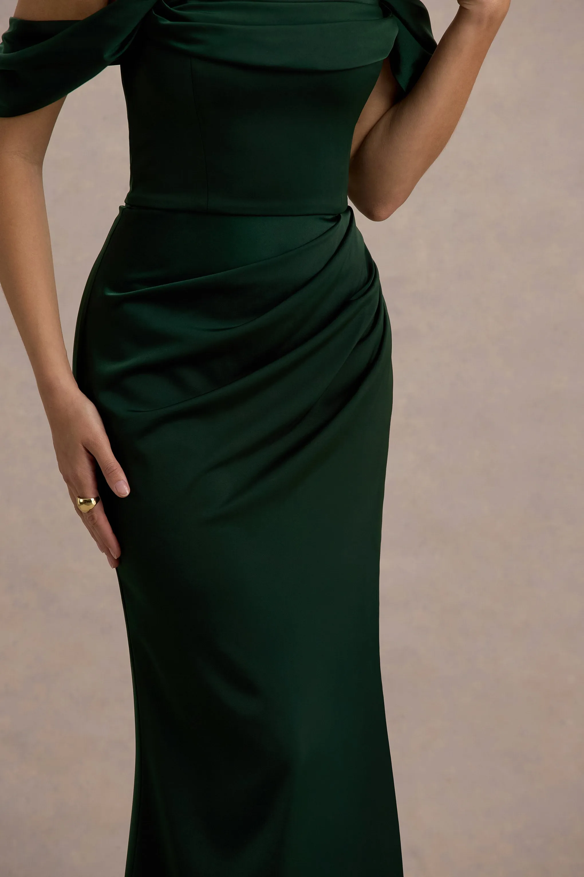 Annie | Bottle Green Satin Bardot Maxi Dress With Split Wrap Skirt Club L London