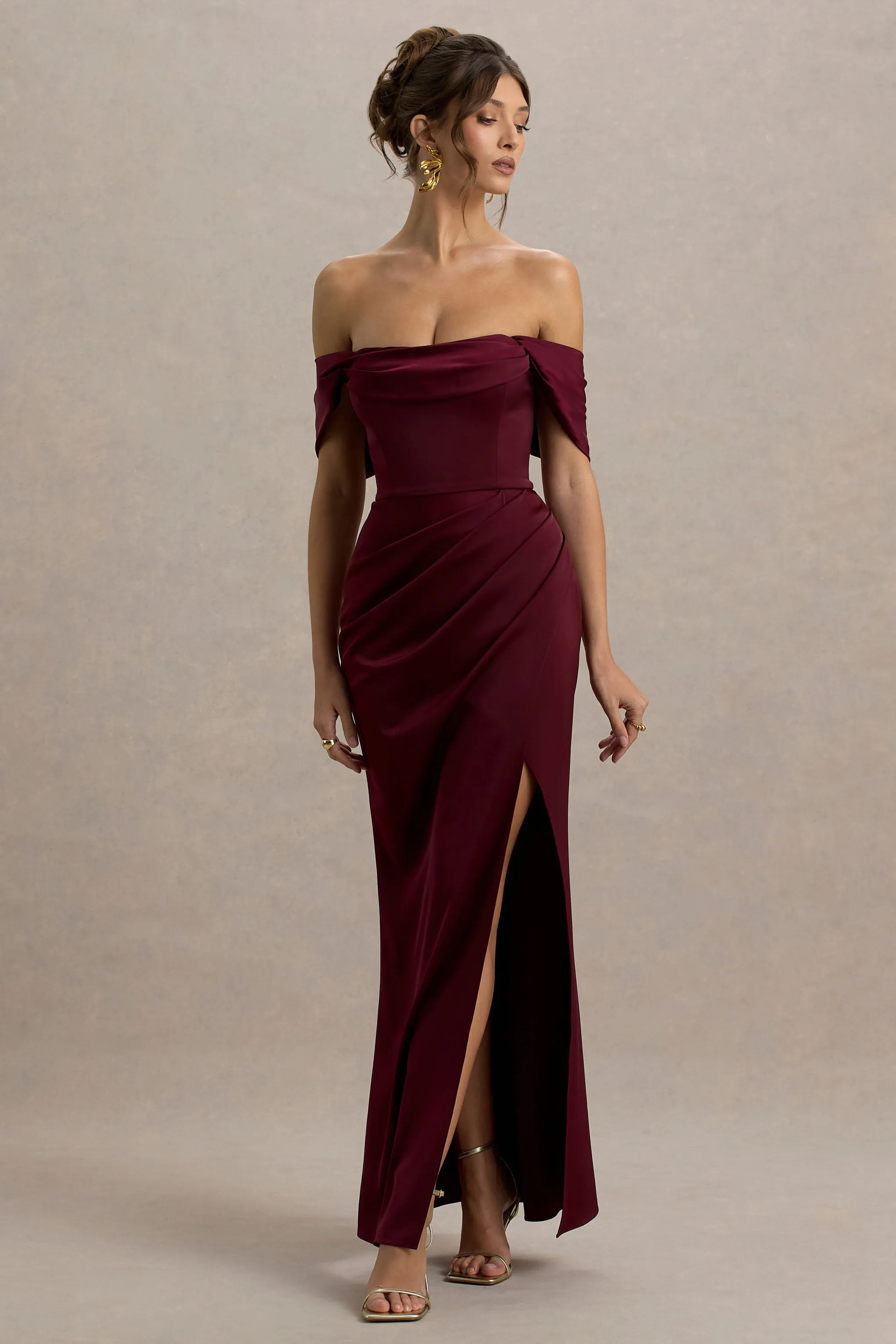 Annie | Burgundy Satin Bardot Maxi Dress With Split Wrap Skirt Club L London