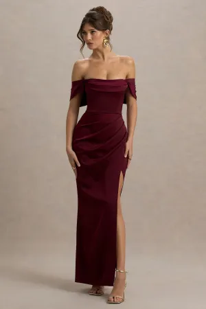 Annie | Burgundy Satin Bardot Maxi Dress With Split Wrap Skirt Club L London