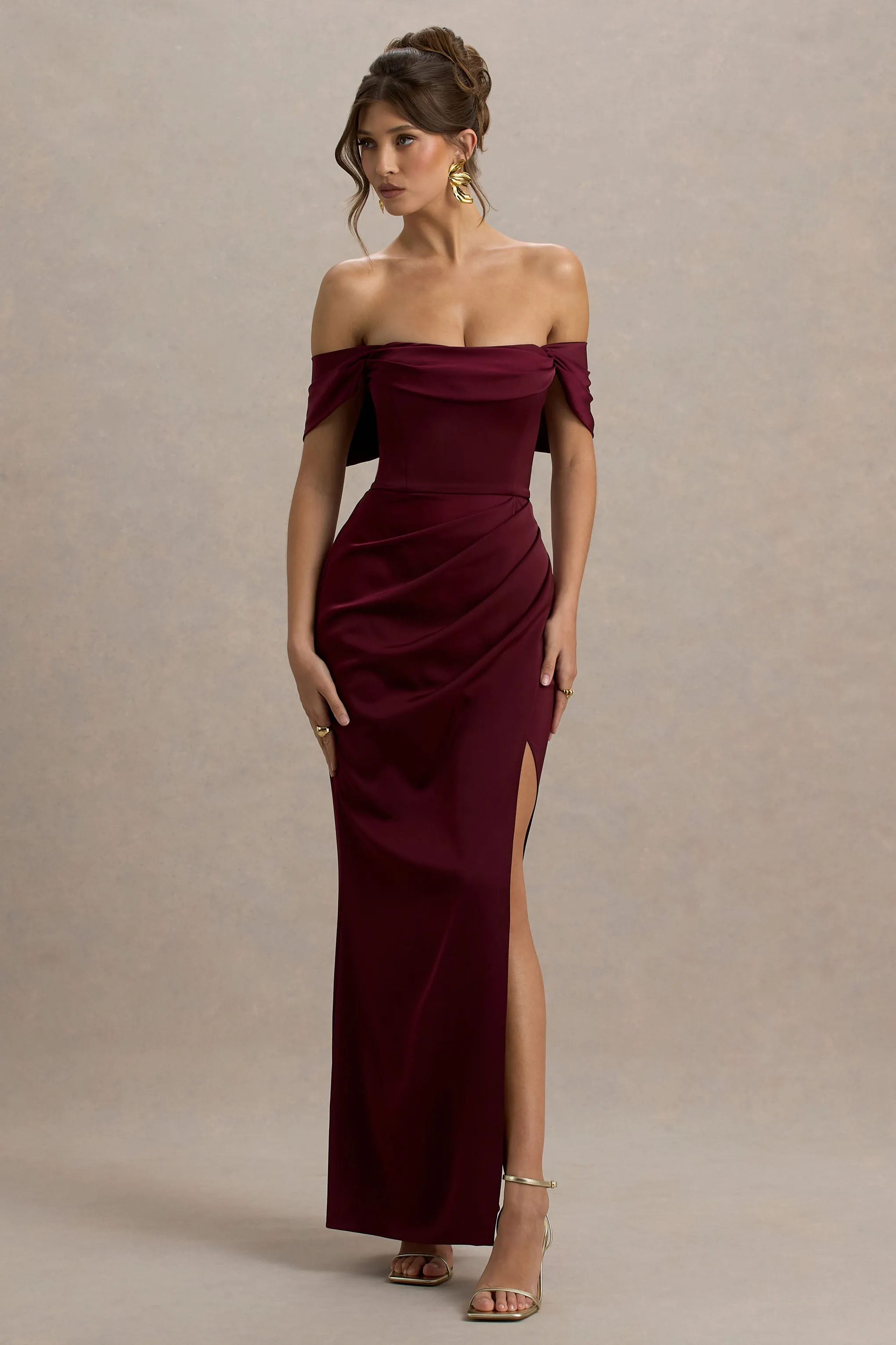 Annie | Burgundy Satin Bardot Maxi Dress With Split Wrap Skirt Club L London