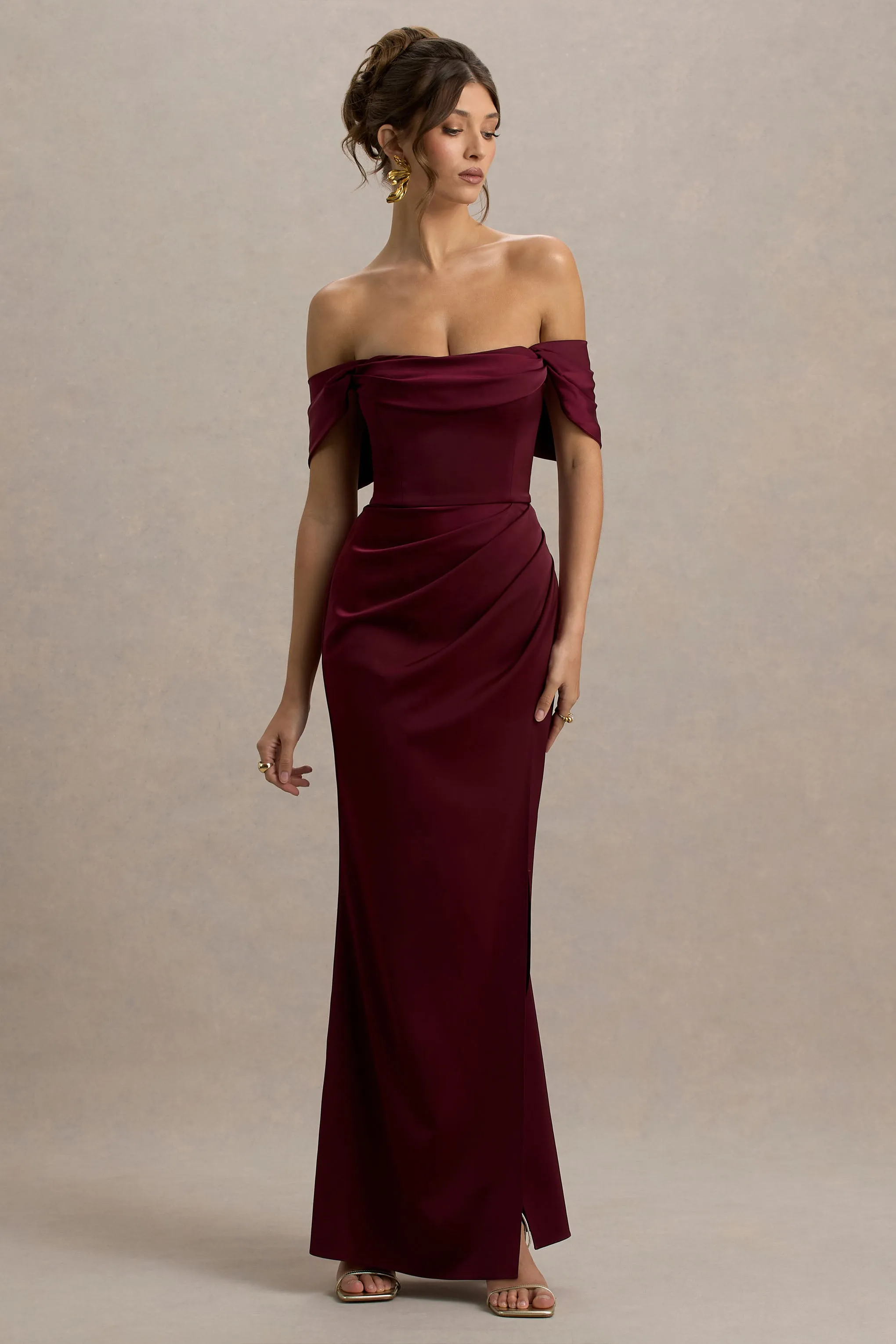 Annie | Burgundy Satin Bardot Maxi Dress With Split Wrap Skirt Club L London