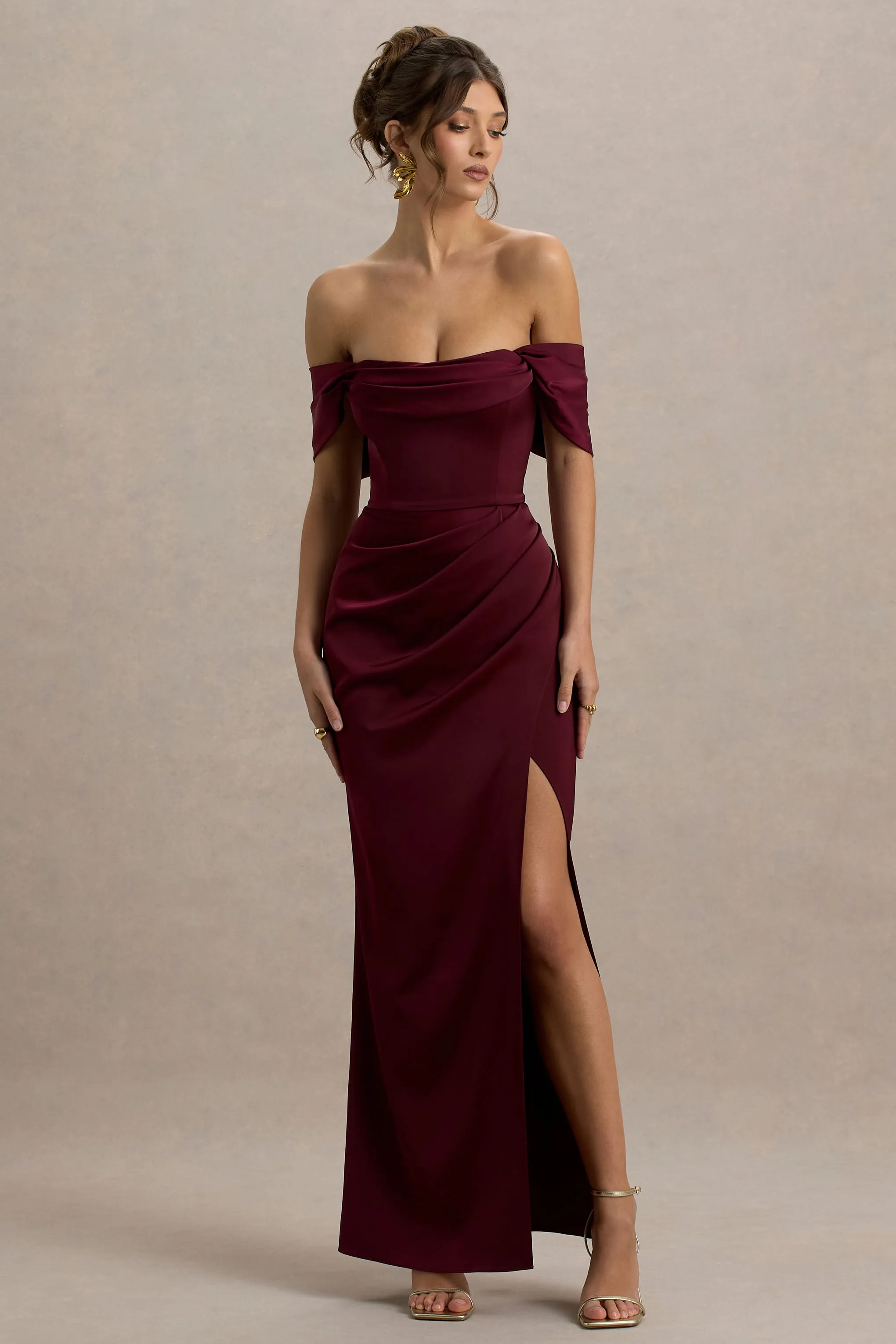 Annie | Burgundy Satin Bardot Maxi Dress With Split Wrap Skirt Club L London