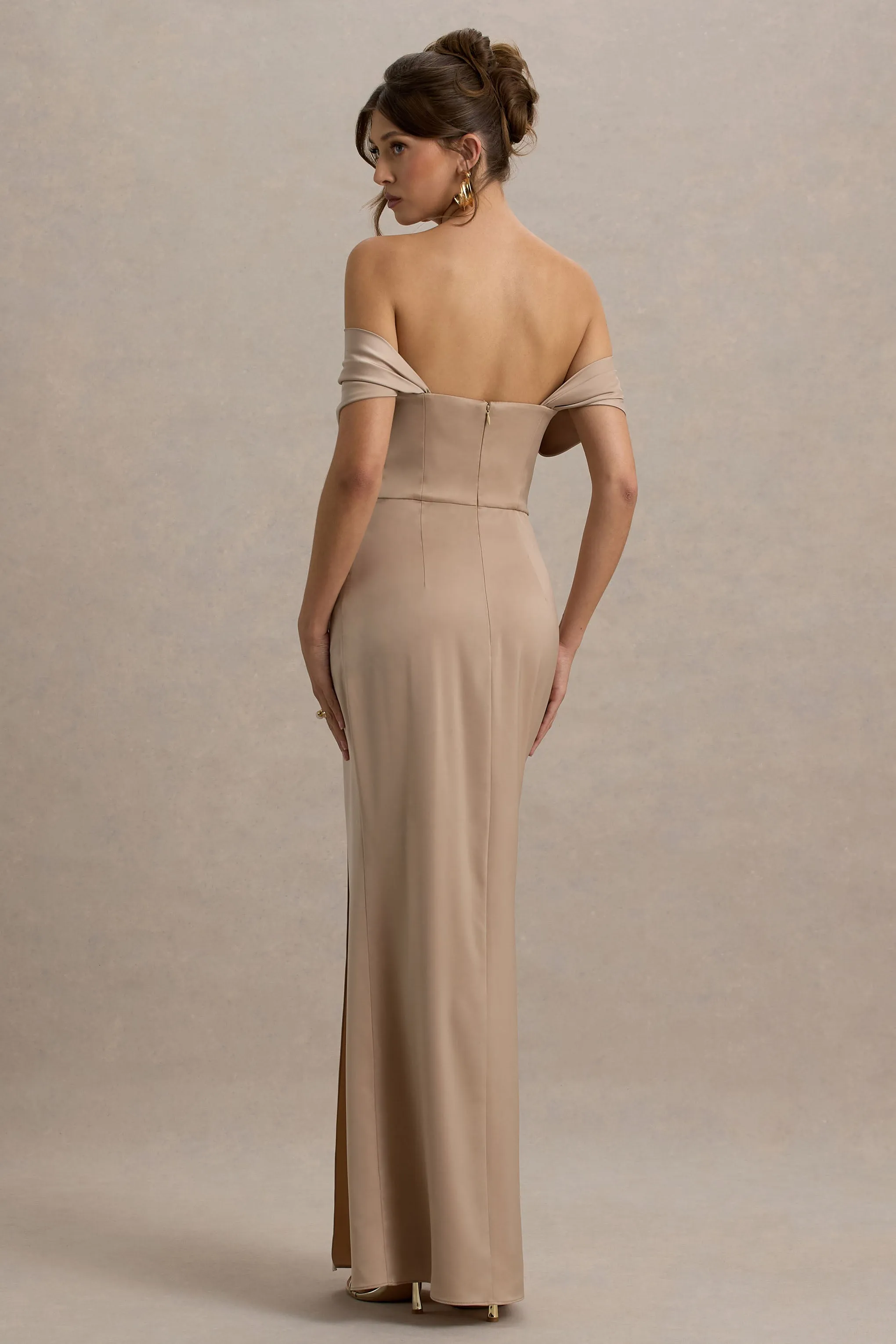 Annie | Champagne Satin Bardot Maxi Dress With Split Wrap Skirt Club L London