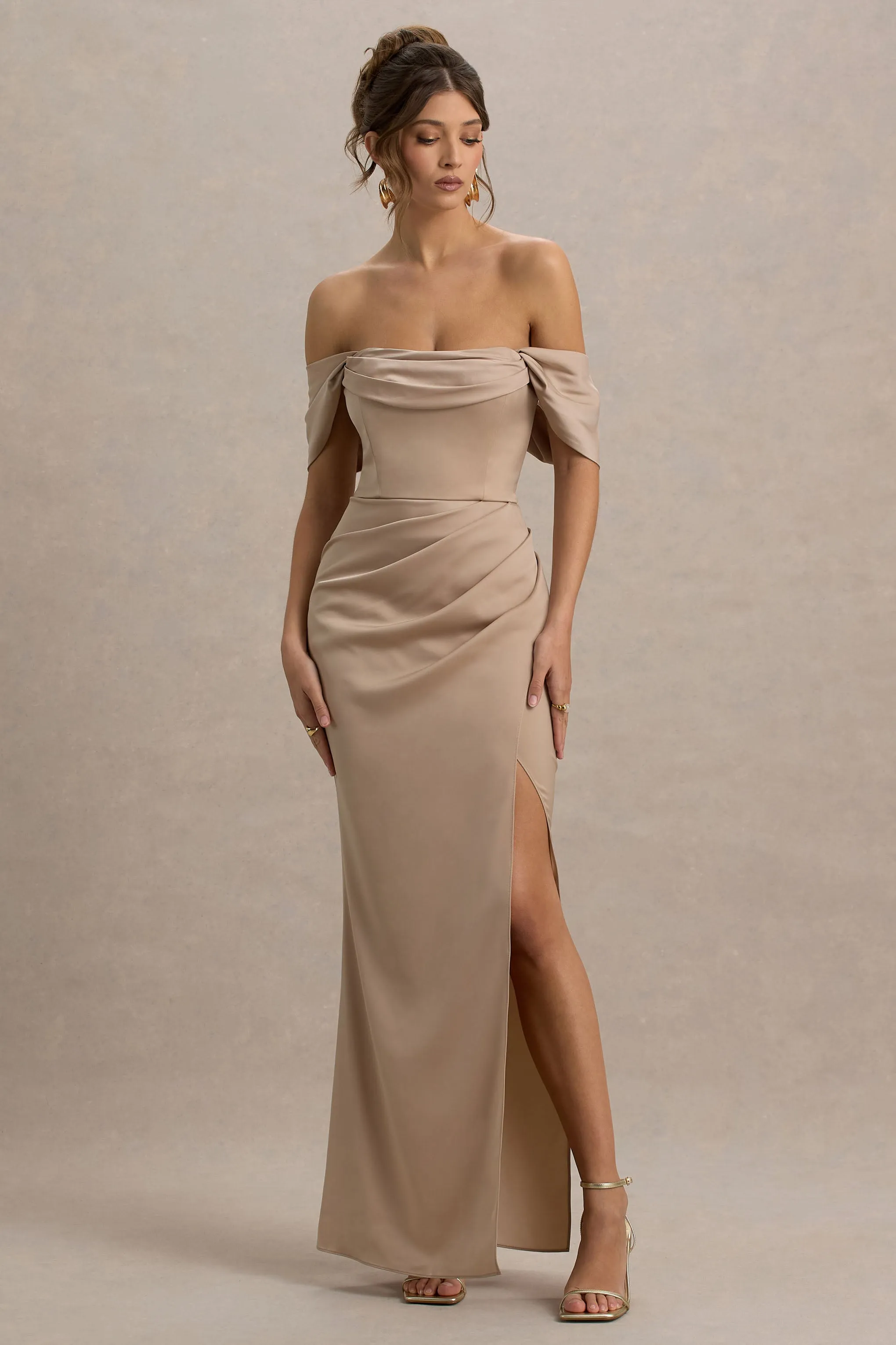 Annie | Champagne Satin Bardot Maxi Dress With Split Wrap Skirt Club L London