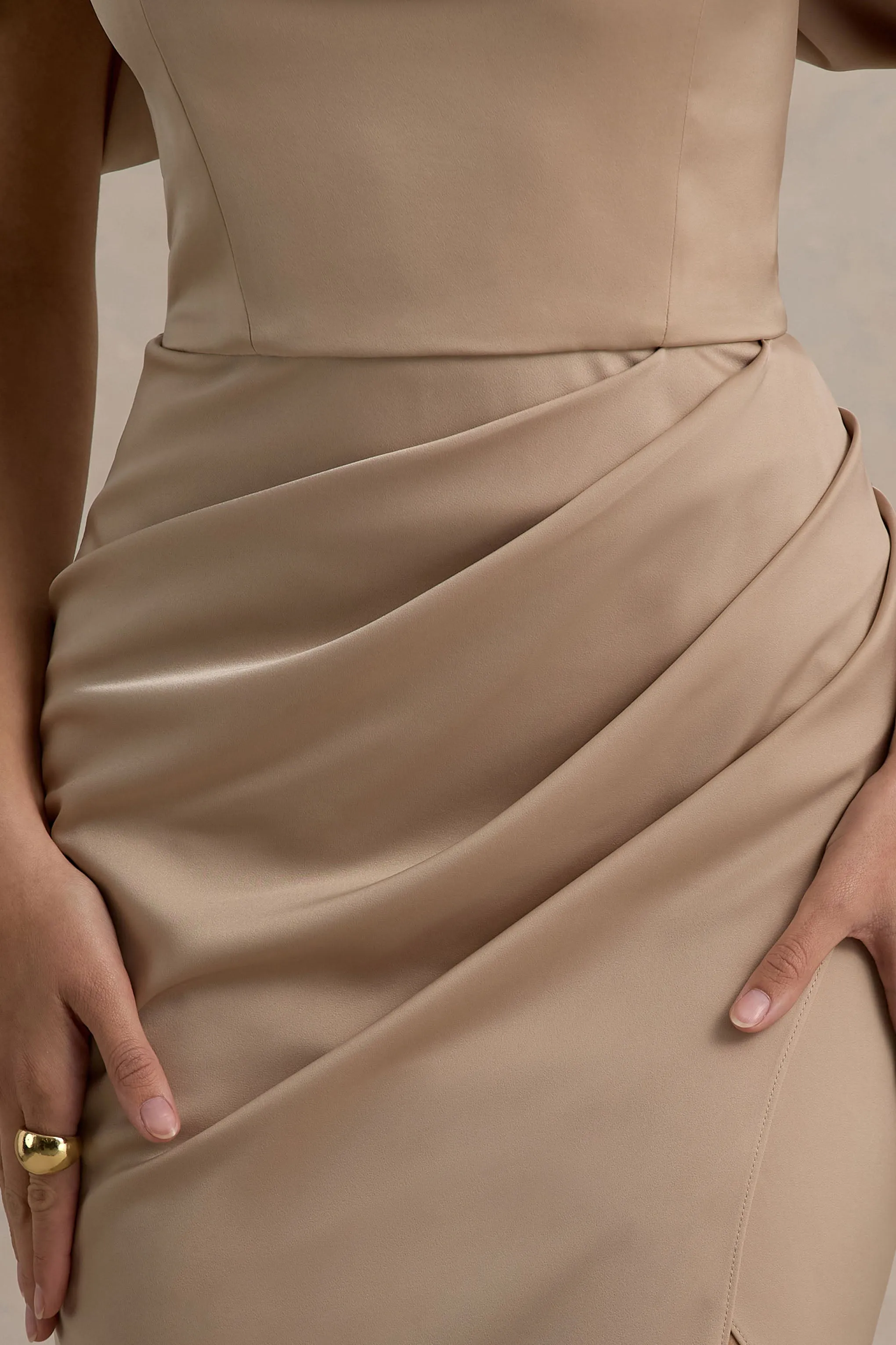 Annie | Champagne Satin Bardot Maxi Dress With Split Wrap Skirt Club L London