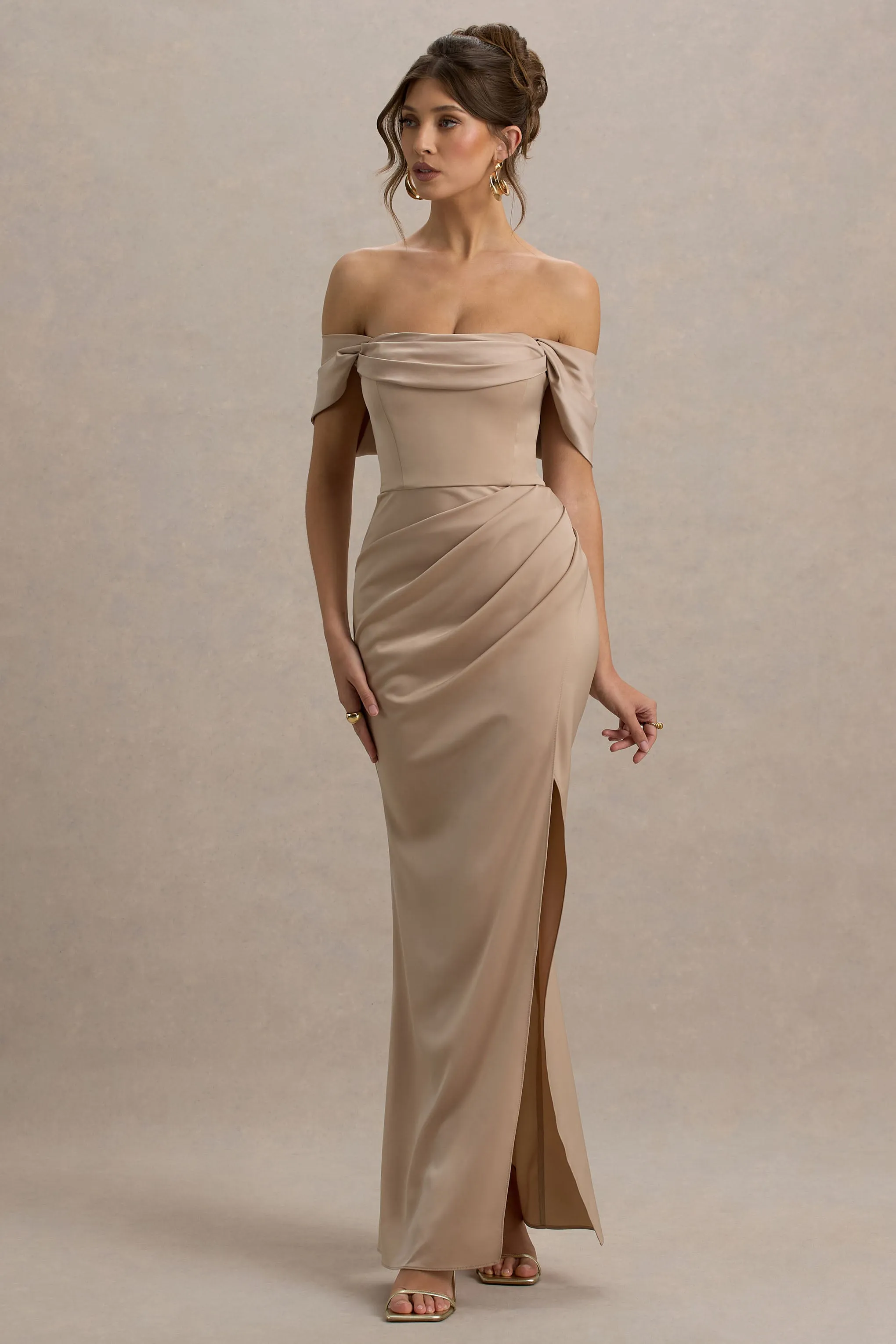 Annie | Champagne Satin Bardot Maxi Dress With Split Wrap Skirt Club L London