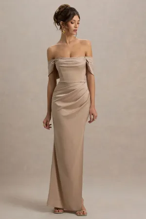 Annie | Champagne Satin Bardot Maxi Dress With Split Wrap Skirt Club L London