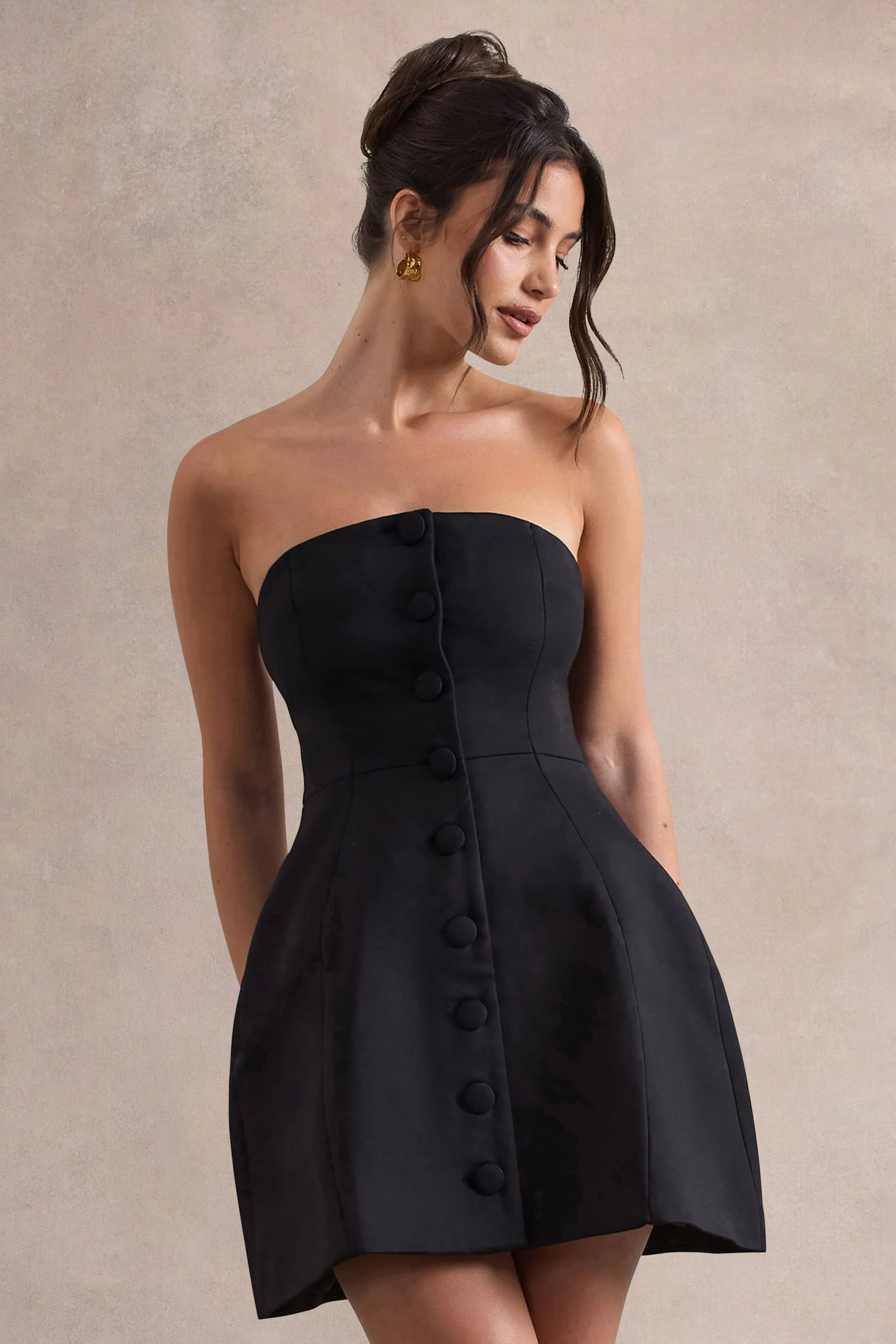 Anniston | Black Bandeau Tailored Buttoned Mini Dress Club L London
