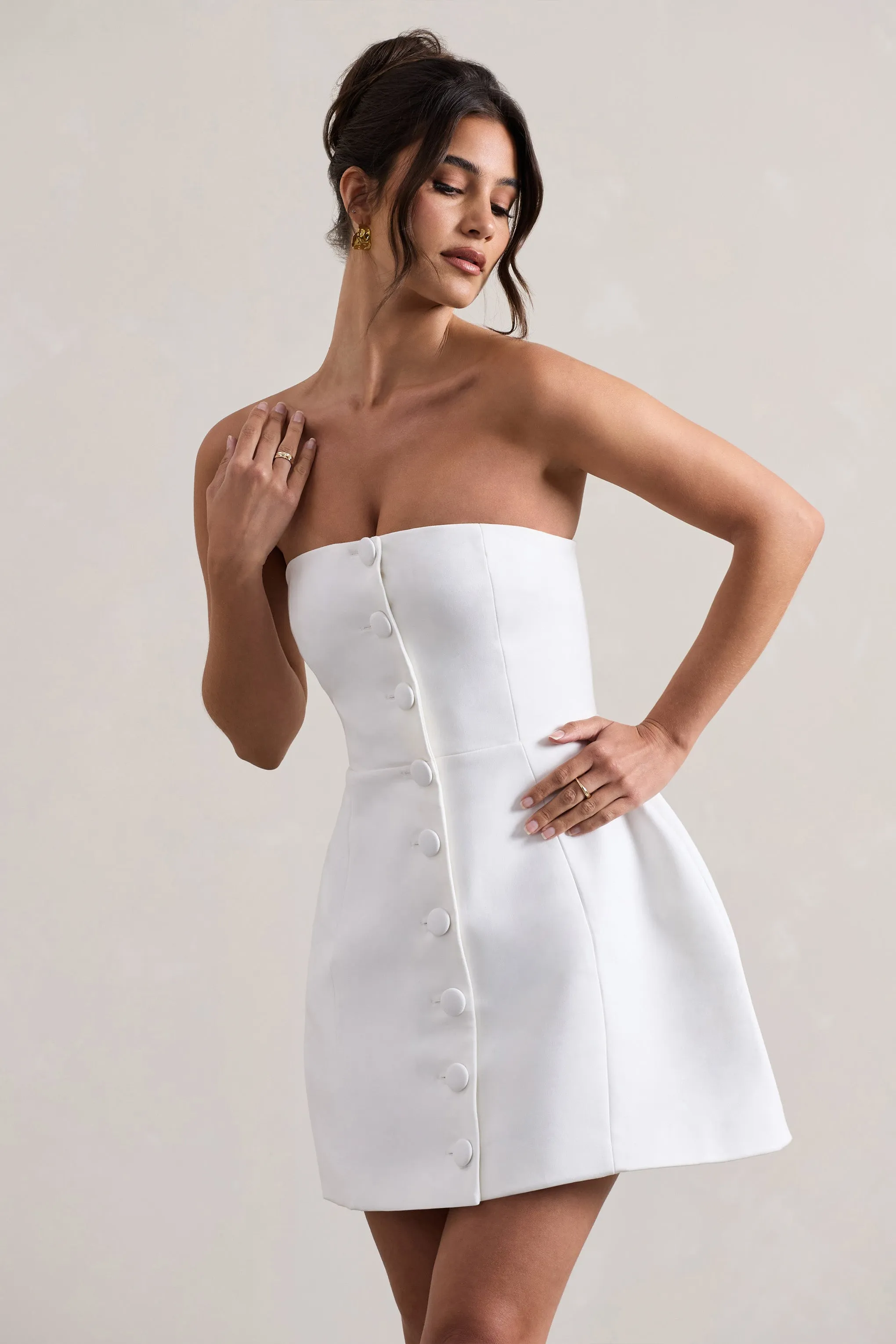 Anniston | White Bandeau Tailored Buttoned Mini Dress Club L London