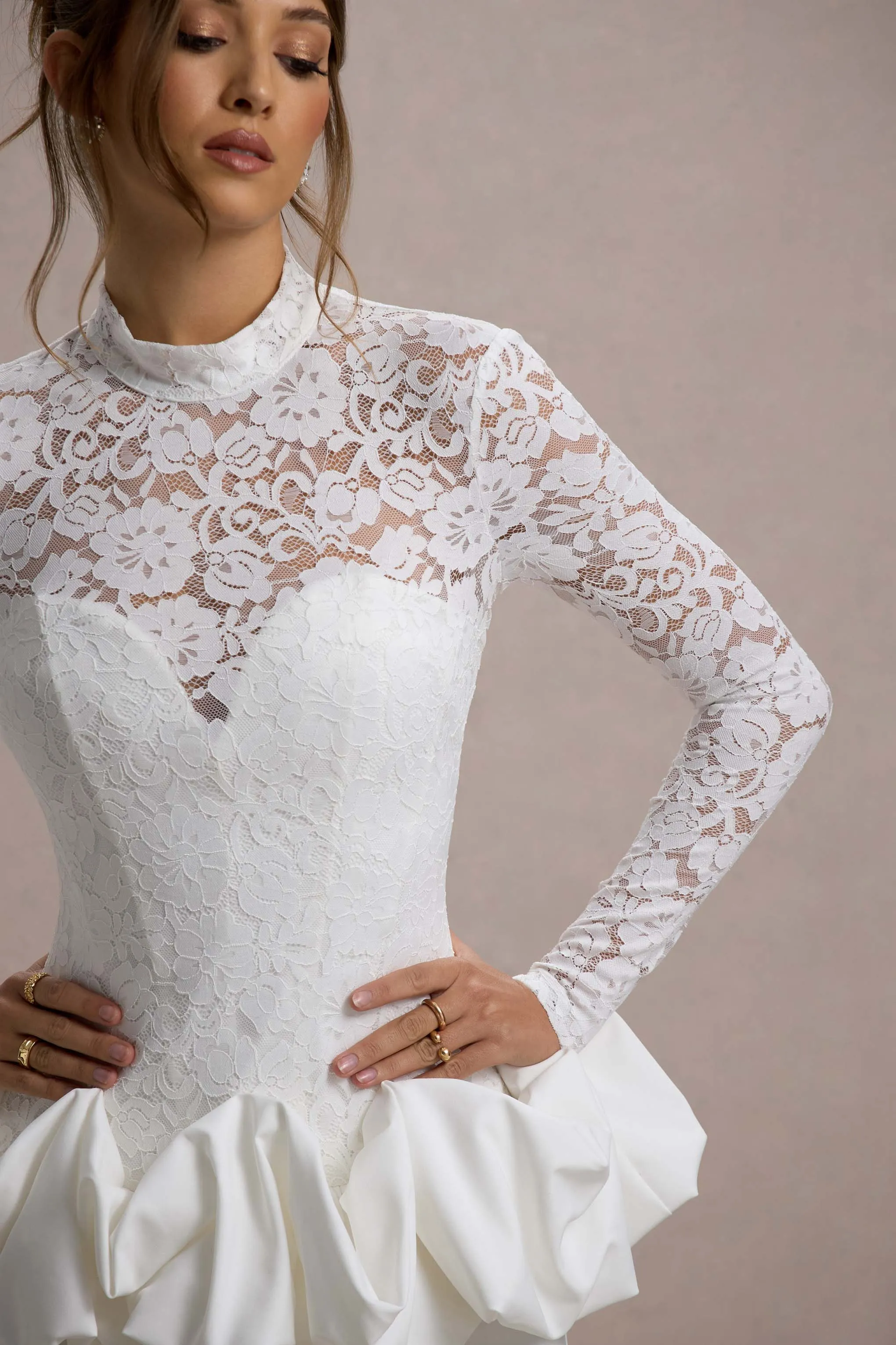 Antheia | White Lace Long-Sleeve Peplum Mini Dress Club L London