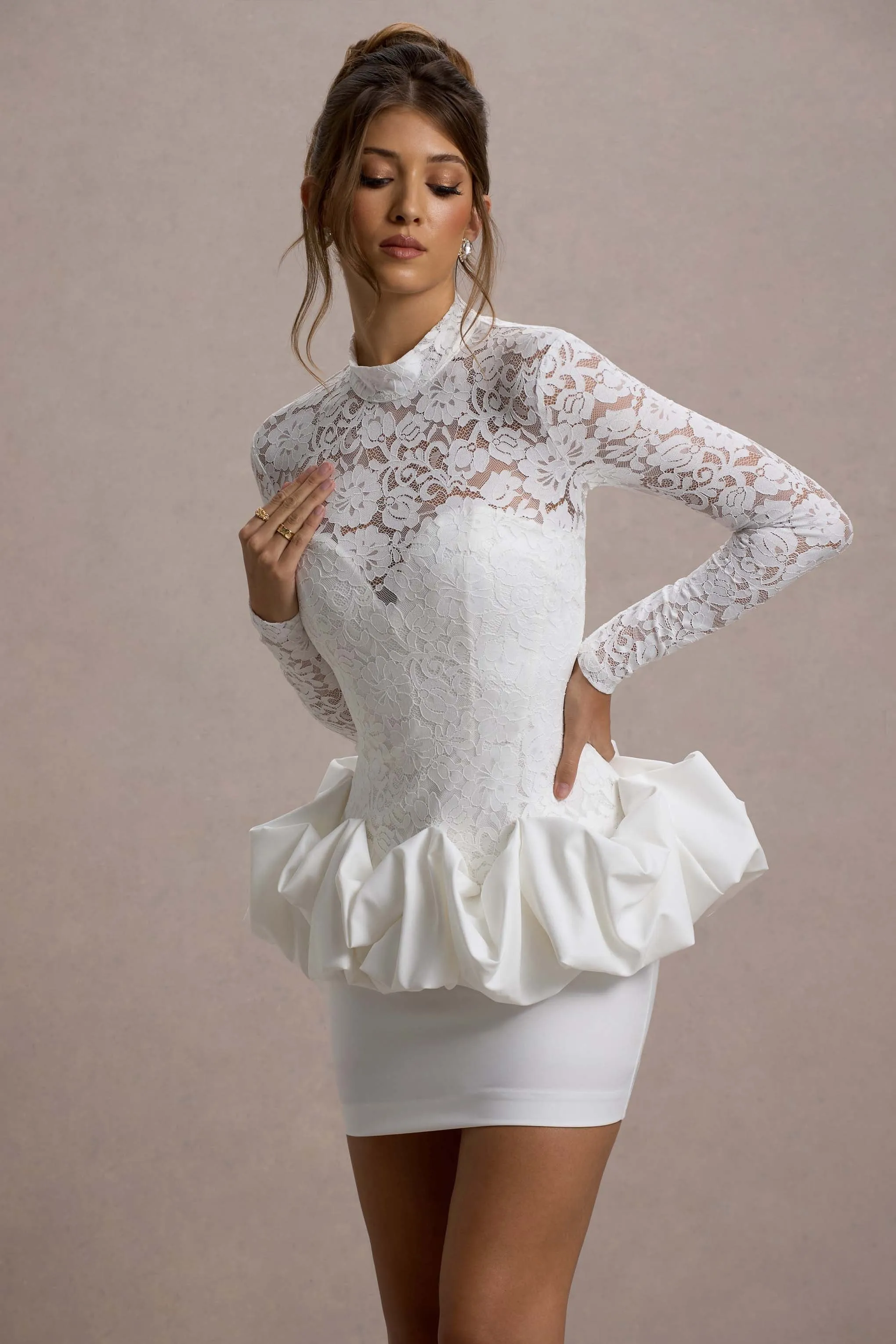Antheia | White Lace Long-Sleeve Peplum Mini Dress Club L London