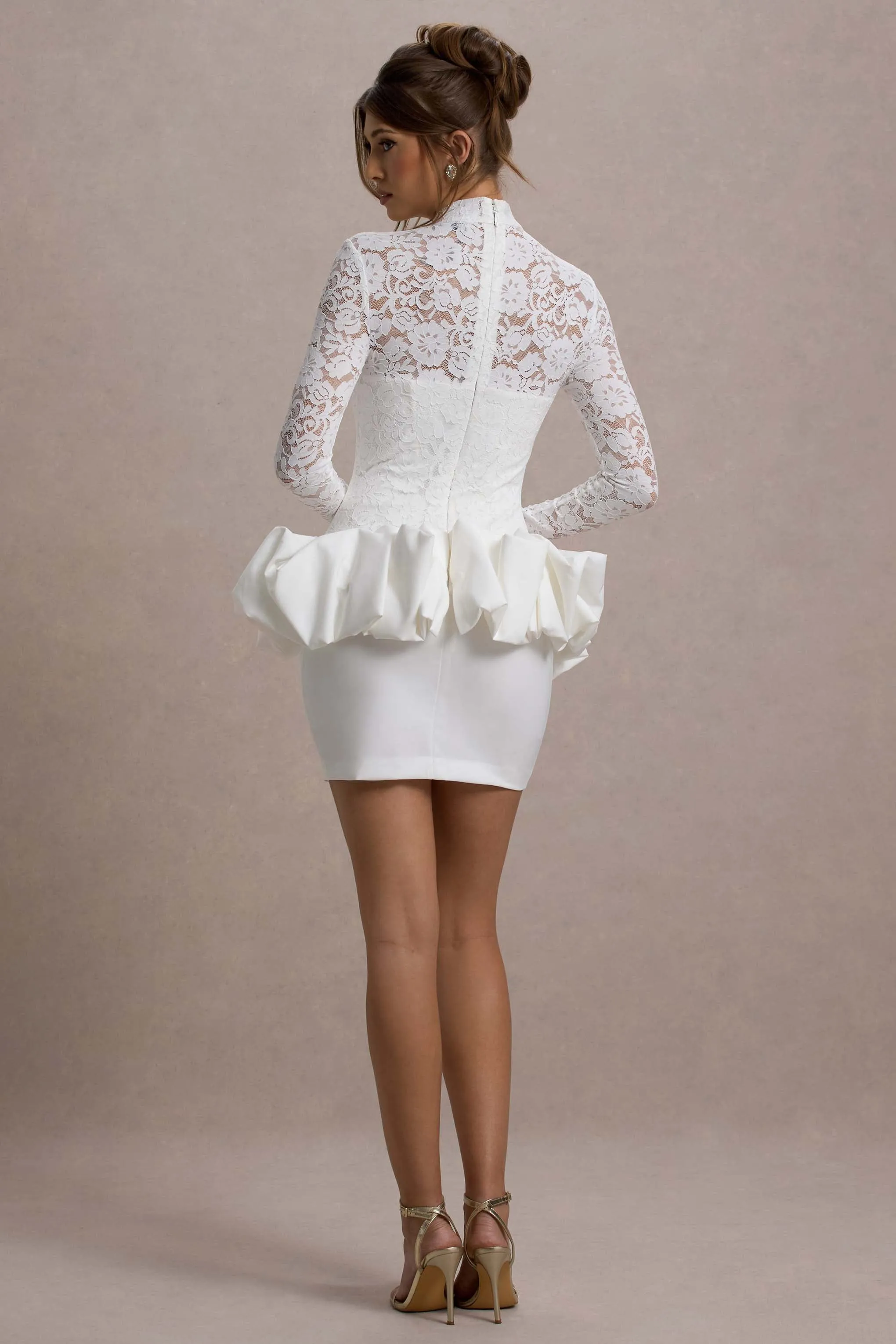 Antheia | White Lace Long-Sleeve Peplum Mini Dress Club L London