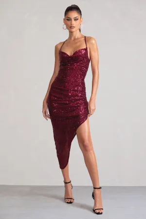 Anya | Berry Sequin Cami Cowl Neck Asymmetric Hem Midi Dress Club L London