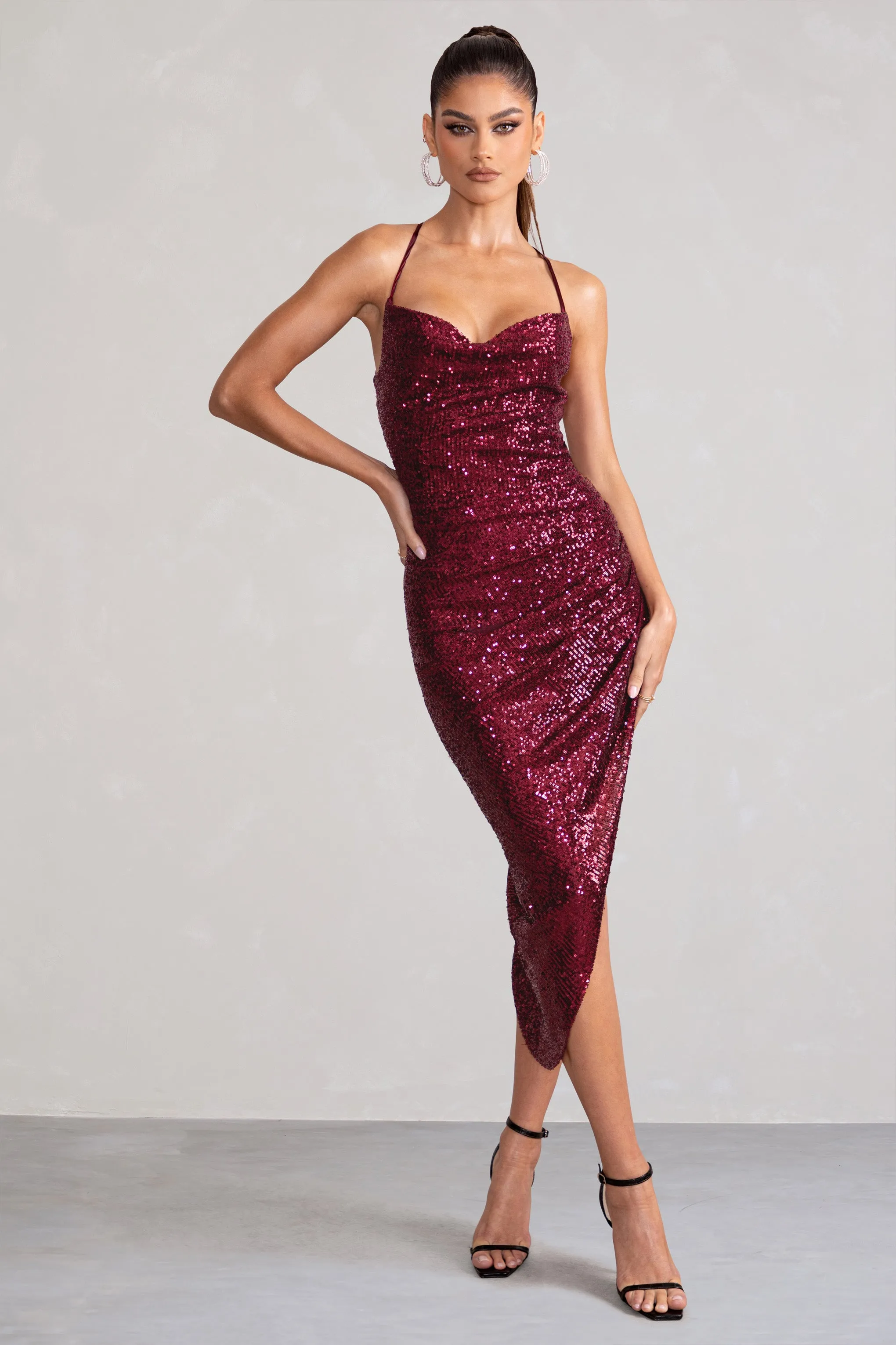 Anya | Berry Sequin Cami Cowl Neck Asymmetric Hem Midi Dress Club L London