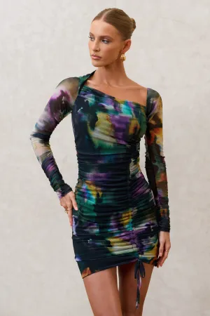 Aphrodite | Watercolour Print Asymmetric Ruched Side Mini Dress Club L London