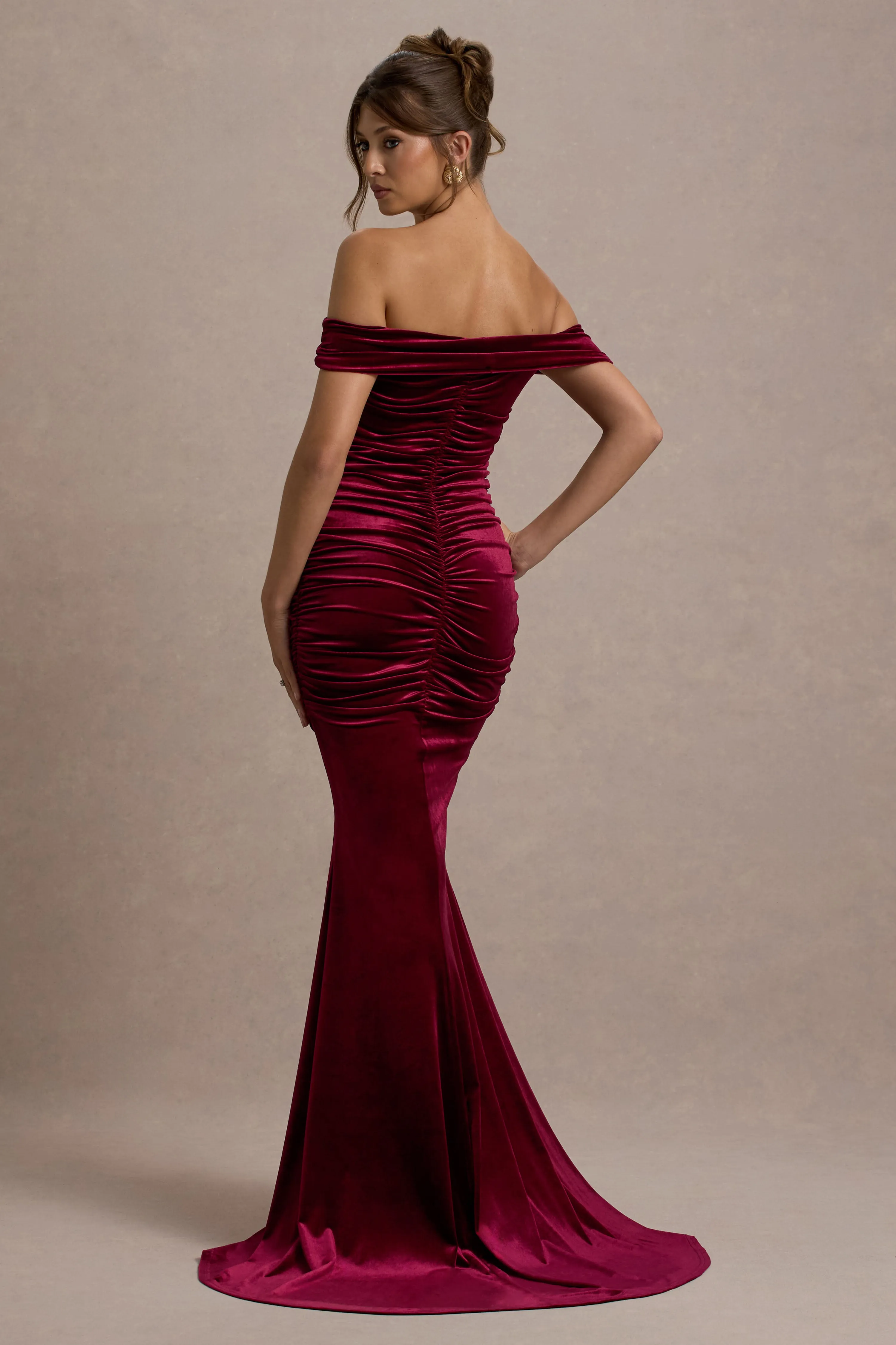Apolline | Berry Velvet Off The Shoulder Ruched Fishtail Maxi Dress Club L London