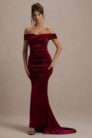 Apolline | Berry Velvet Off The Shoulder Ruched Fishtail Maxi Dress Club L London