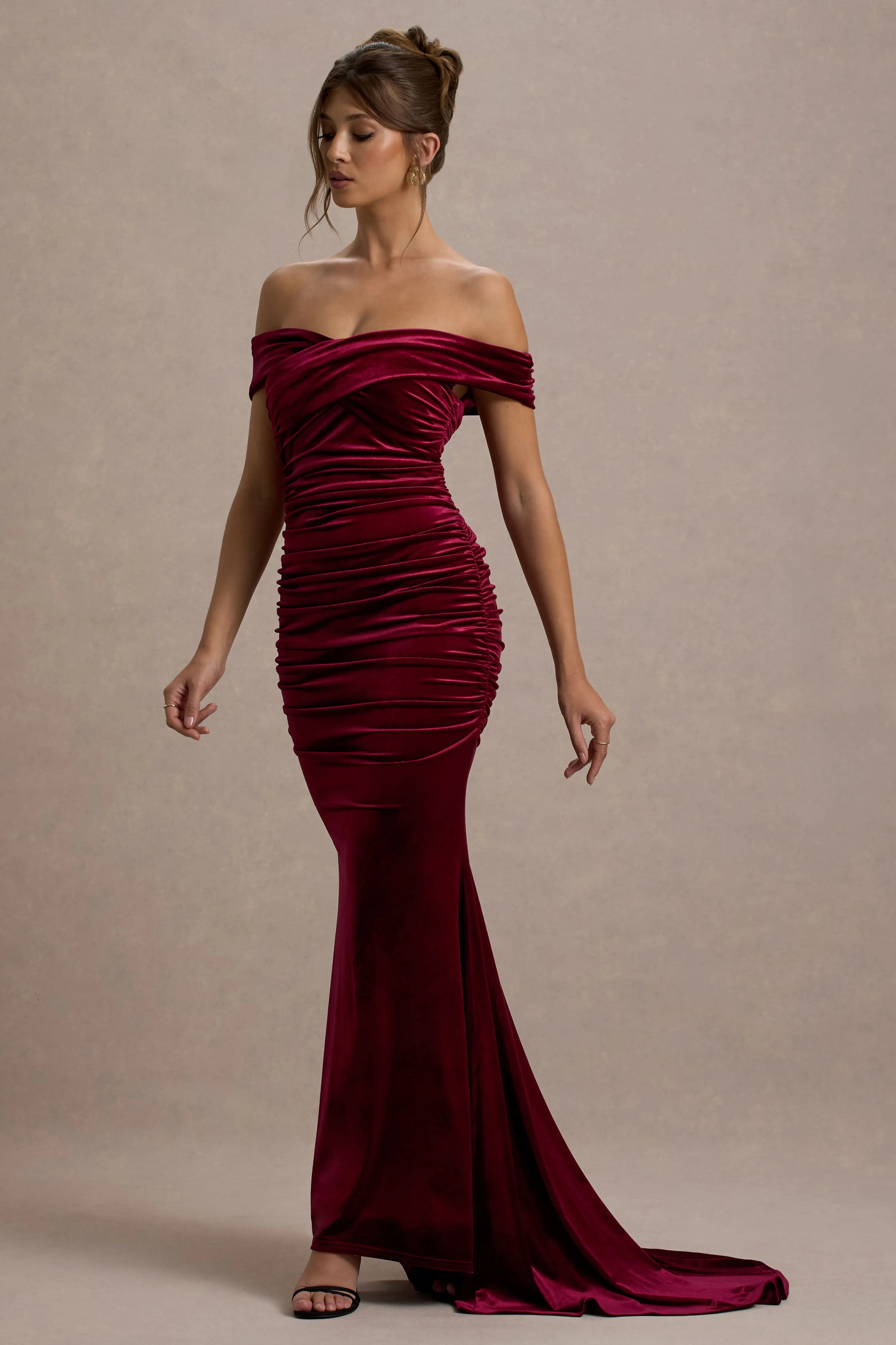 Apolline | Berry Velvet Off The Shoulder Ruched Fishtail Maxi Dress Club L London