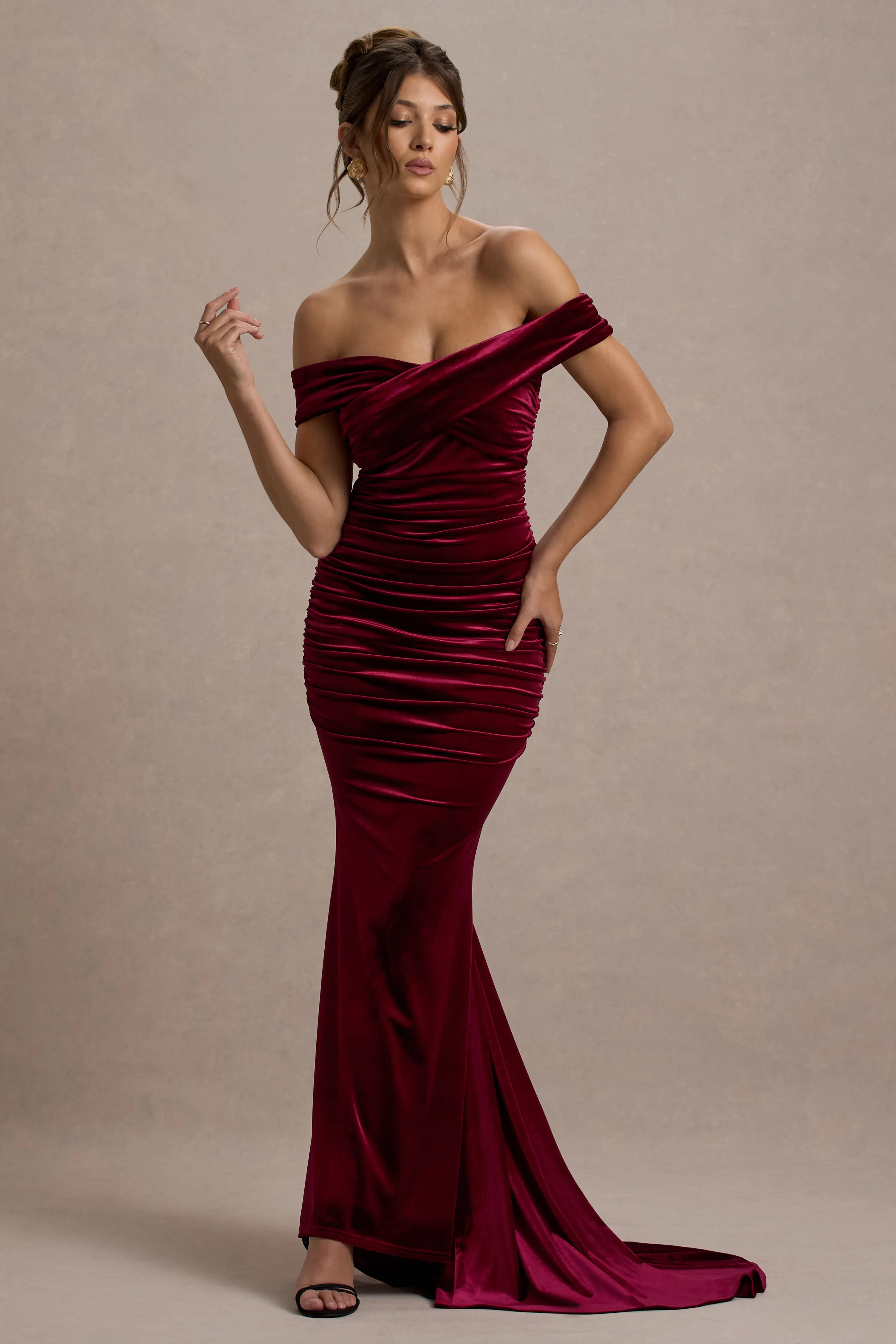 Apolline | Berry Velvet Off The Shoulder Ruched Fishtail Maxi Dress Club L London