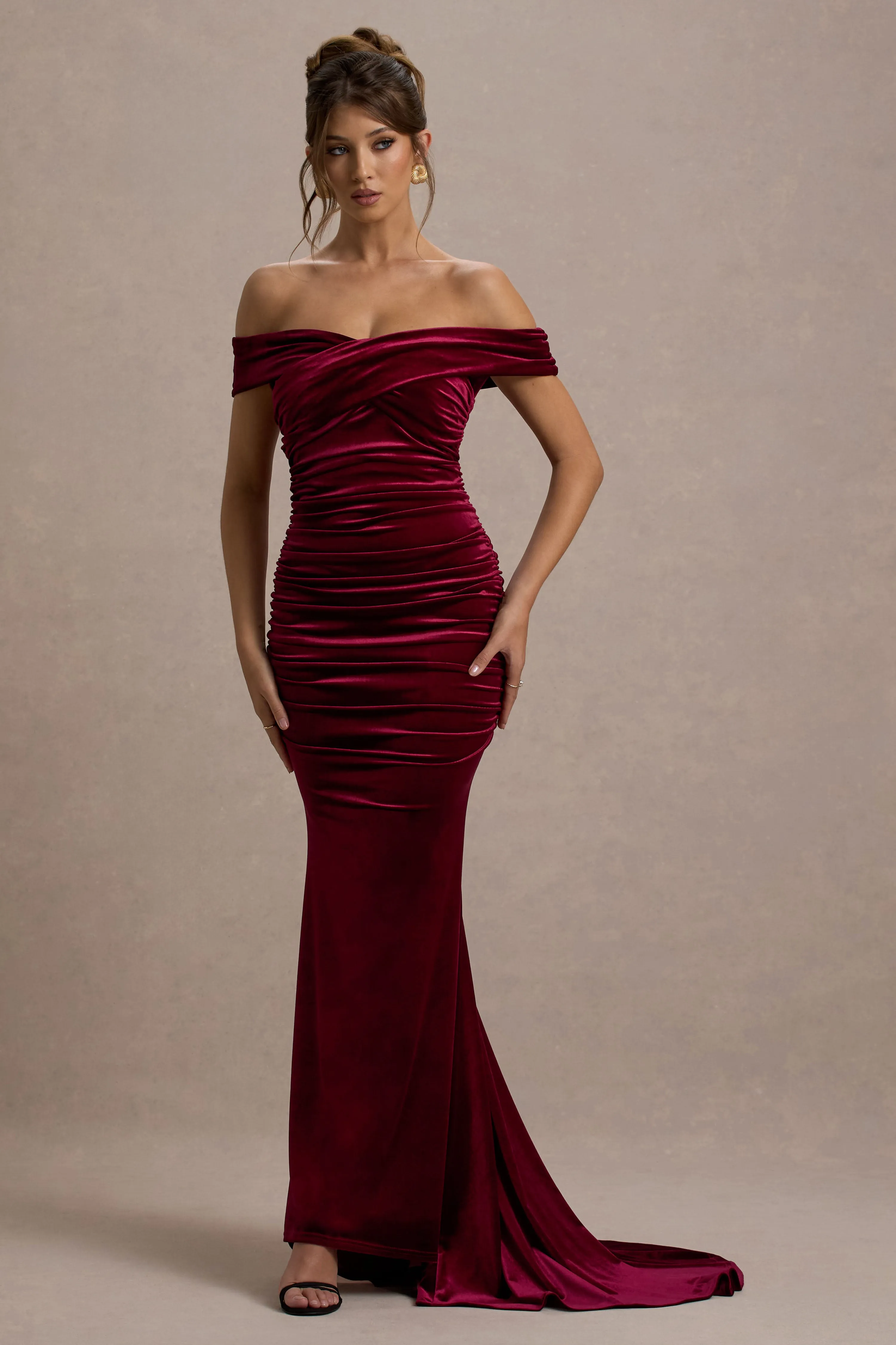 Apolline | Berry Velvet Off The Shoulder Ruched Fishtail Maxi Dress Club L London