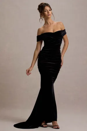 Apolline | Black Velvet Off The Shoulder Ruched Fishtail Maxi Dress Club L London