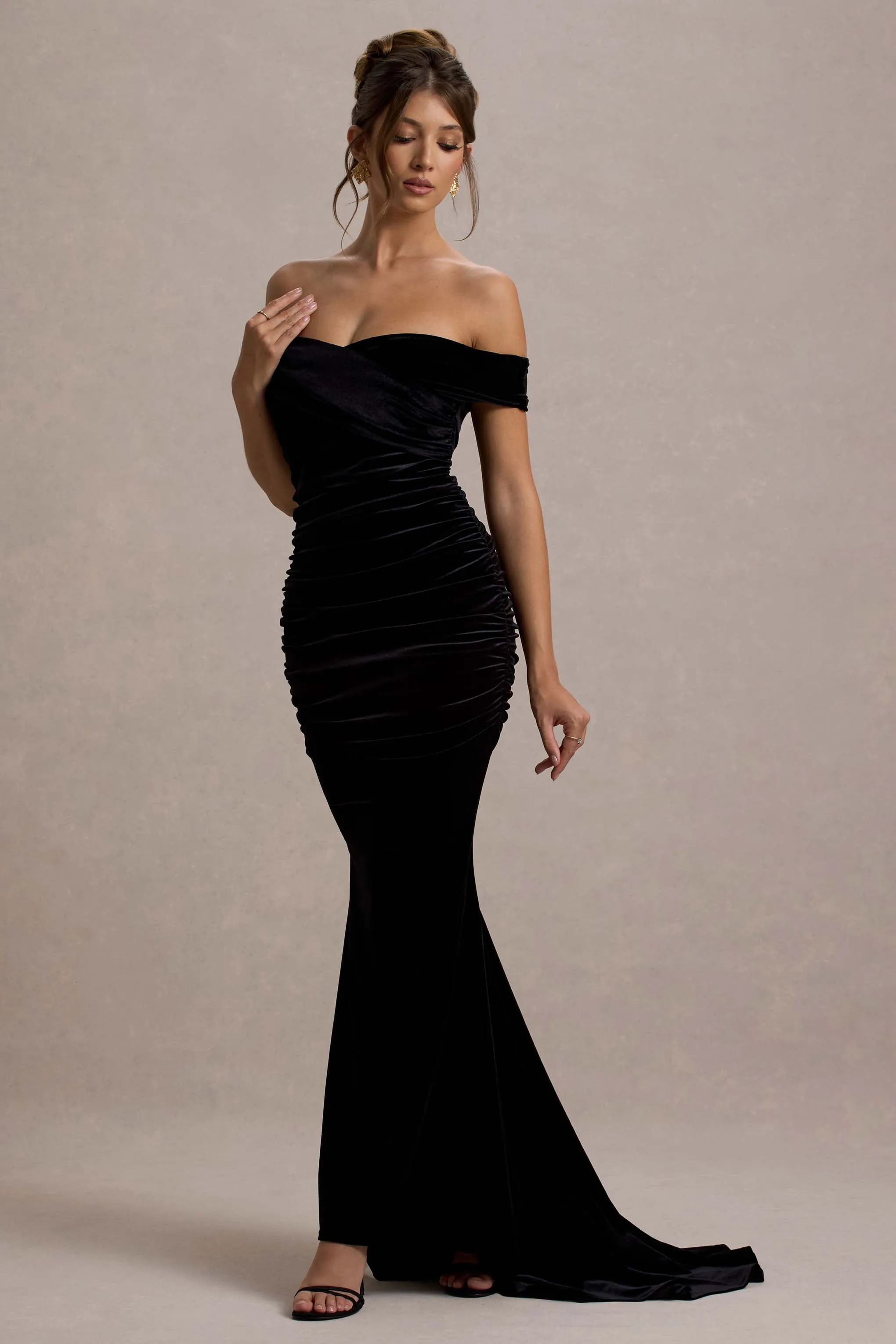 Apolline | Black Velvet Off The Shoulder Ruched Fishtail Maxi Dress Club L London