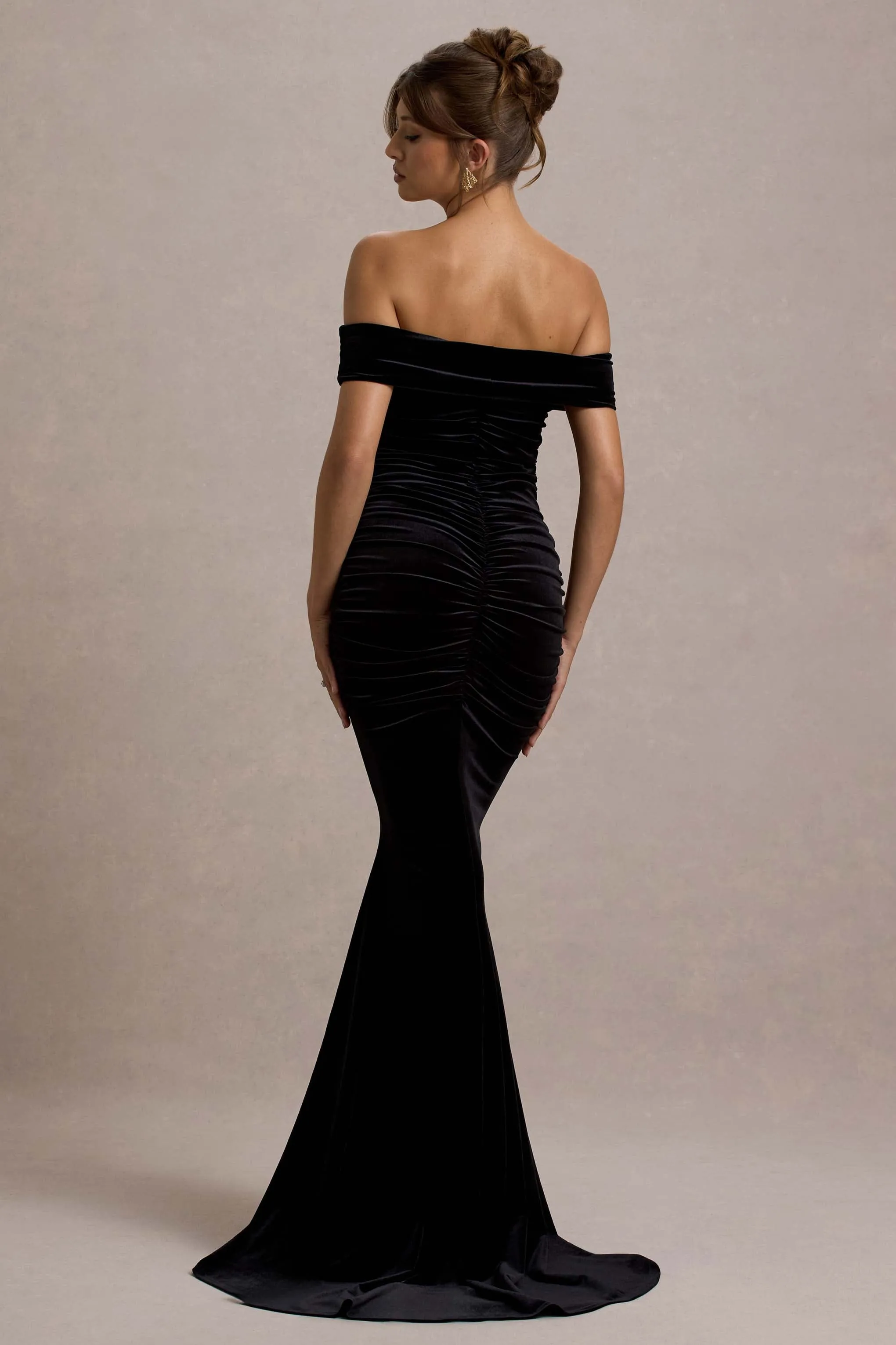 Apolline | Black Velvet Off The Shoulder Ruched Fishtail Maxi Dress Club L London