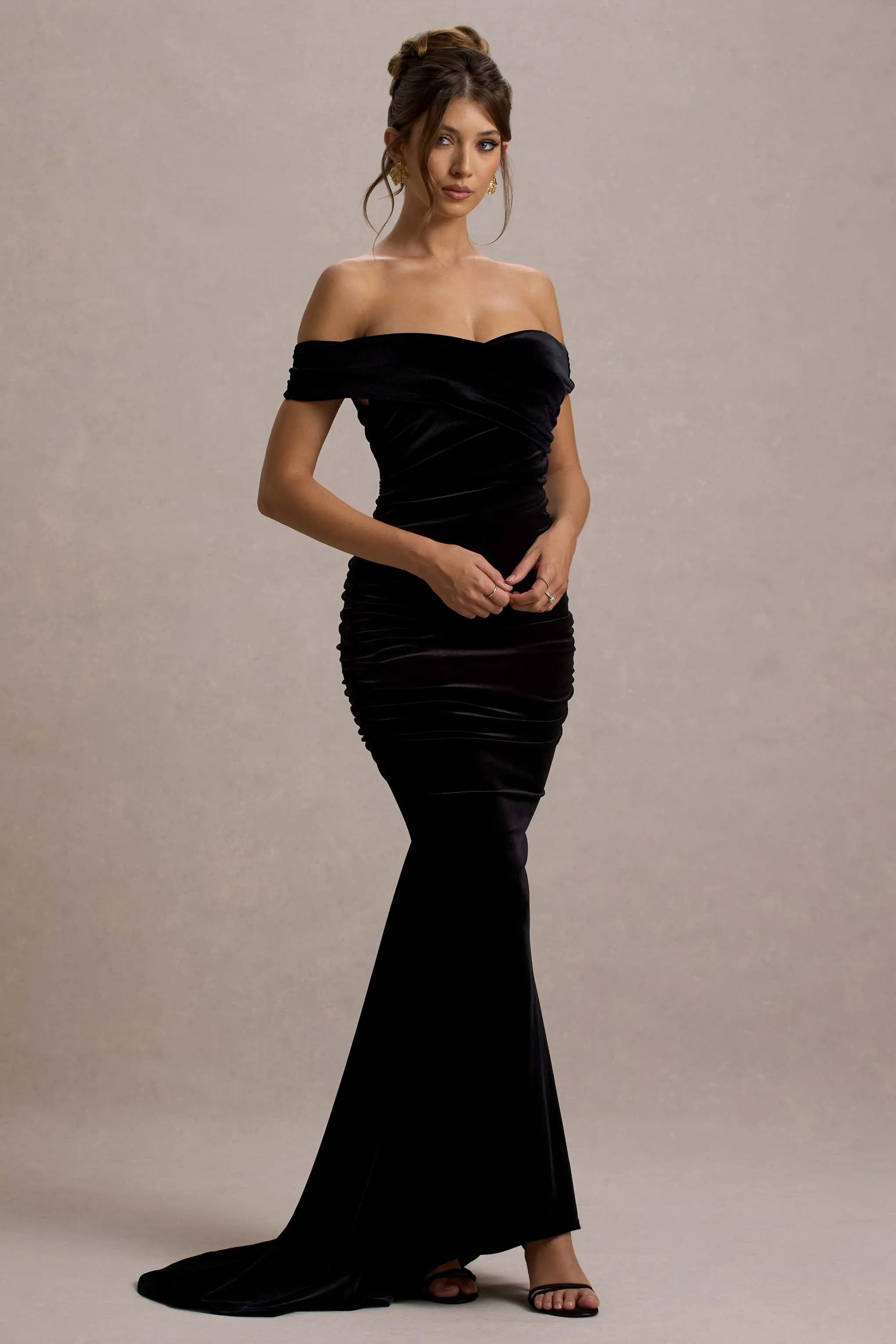 Apolline | Black Velvet Off The Shoulder Ruched Fishtail Maxi Dress Club L London