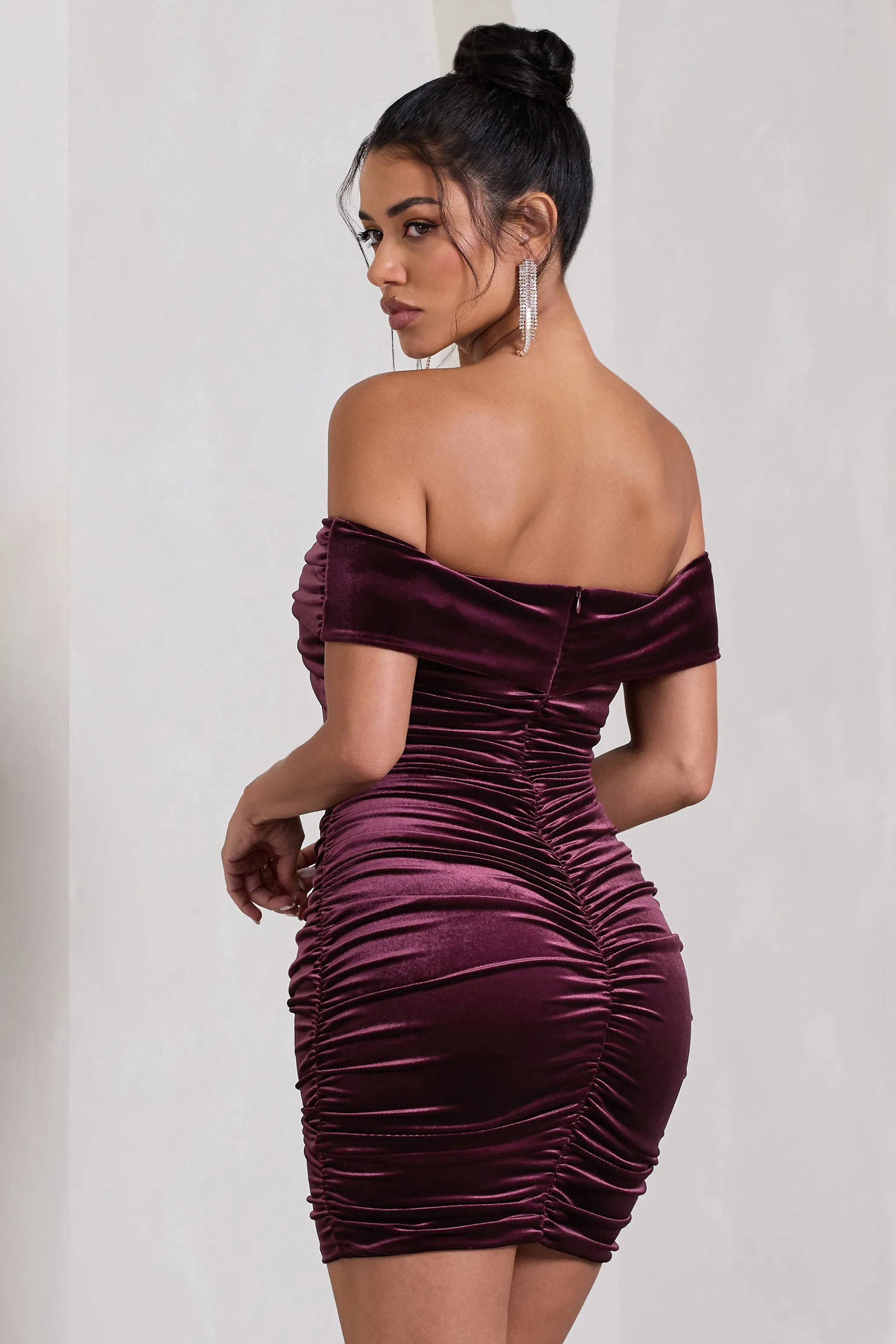 Appreciate | Port Velvet Twisted Bardot Ruched Mini Dress Club L London