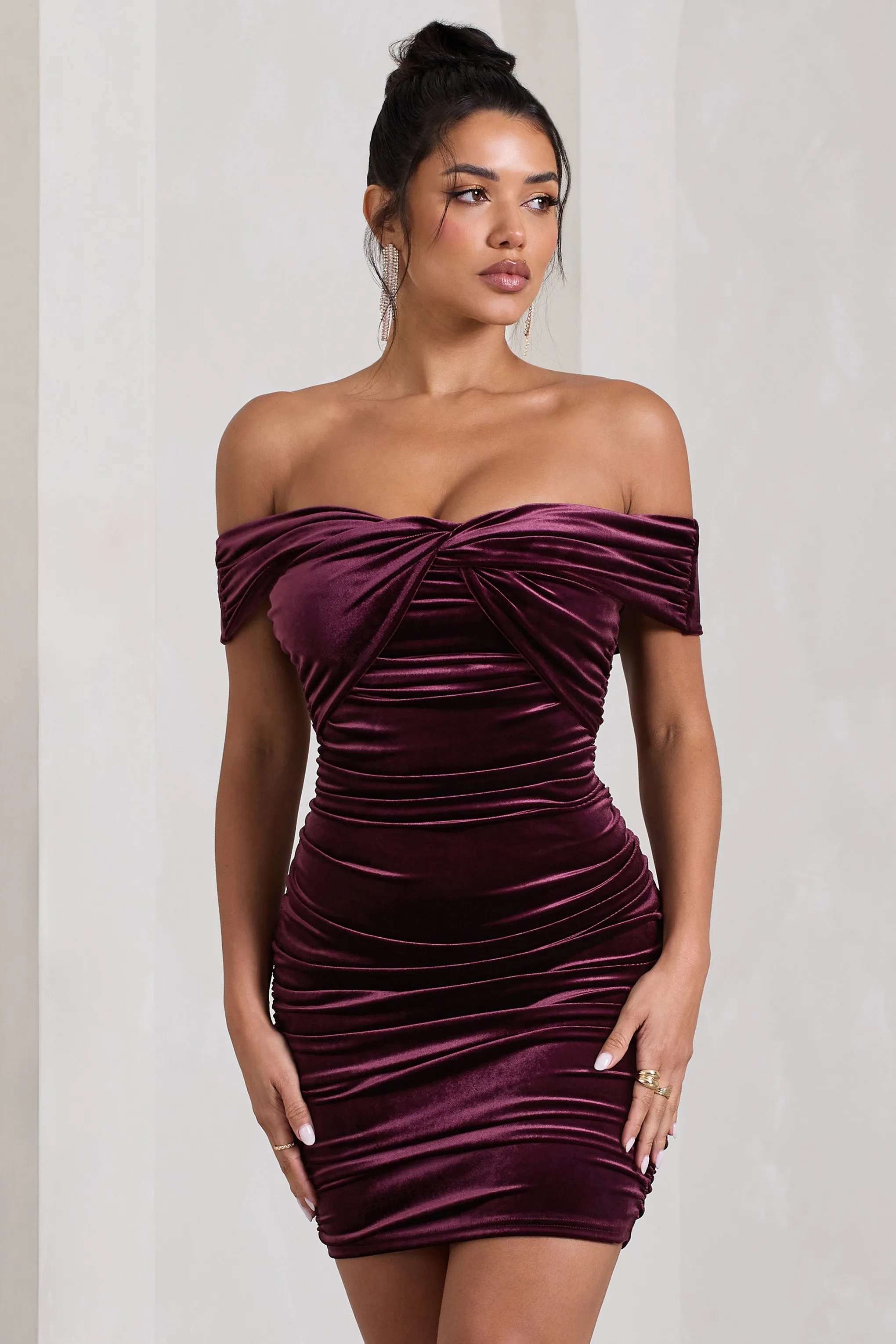 Appreciate | Port Velvet Twisted Bardot Ruched Mini Dress Club L London