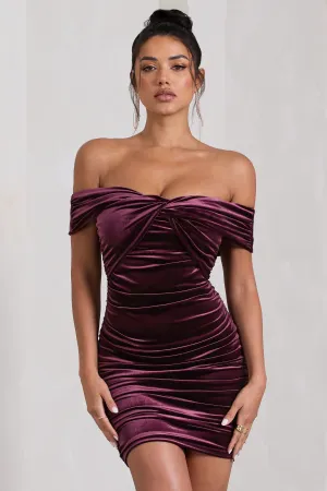 Appreciate | Port Velvet Twisted Bardot Ruched Mini Dress Club L London