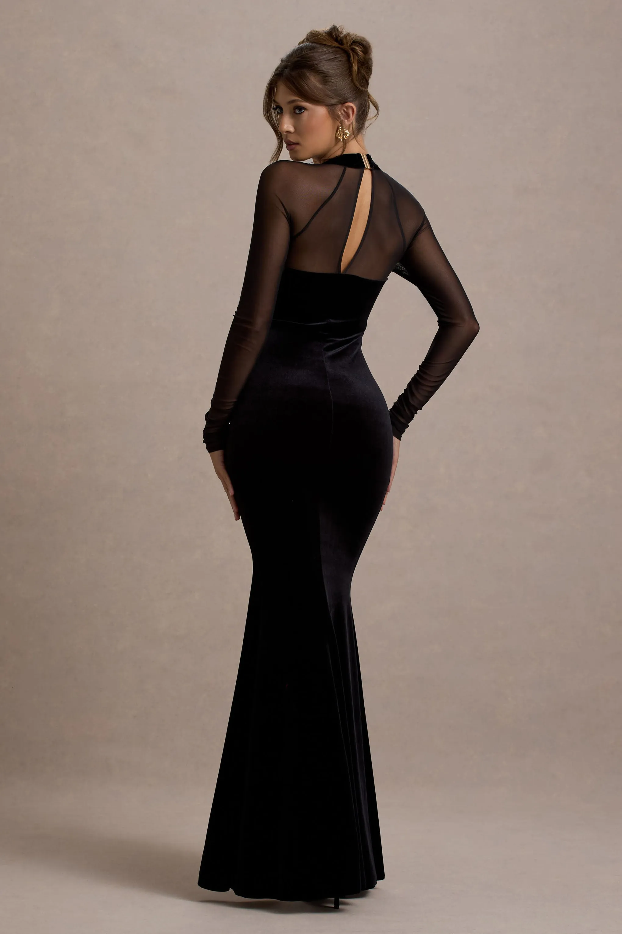Apres | Black Velvet Bodycon Split Maxi Dress With Sheer Sleeves Club L London