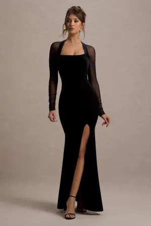 Apres | Black Velvet Bodycon Split Maxi Dress With Sheer Sleeves Club L London