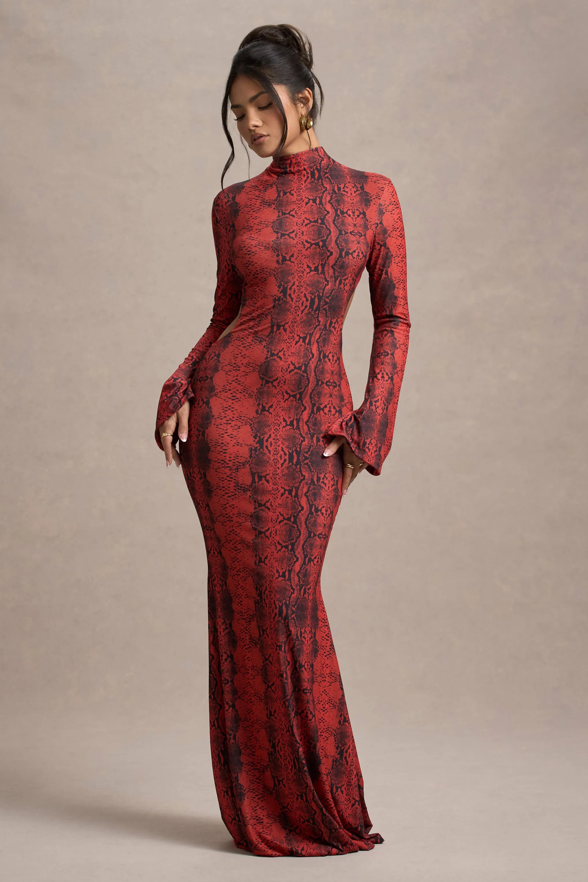 Arabia | Red Snake Print High-Neck Cut-Out Maxi Dress Club L London
