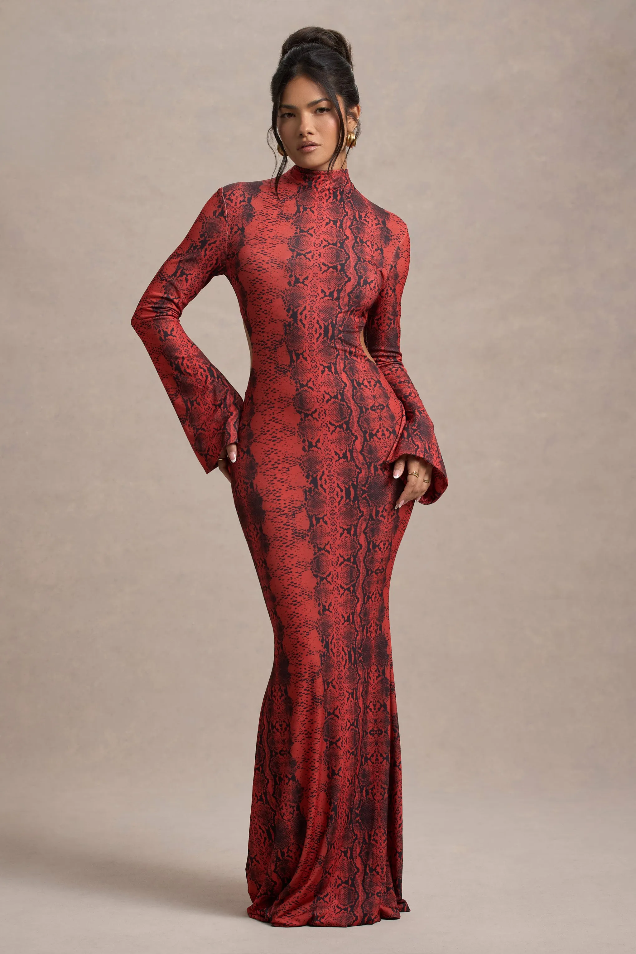 Arabia | Red Snake Print High-Neck Cut-Out Maxi Dress Club L London