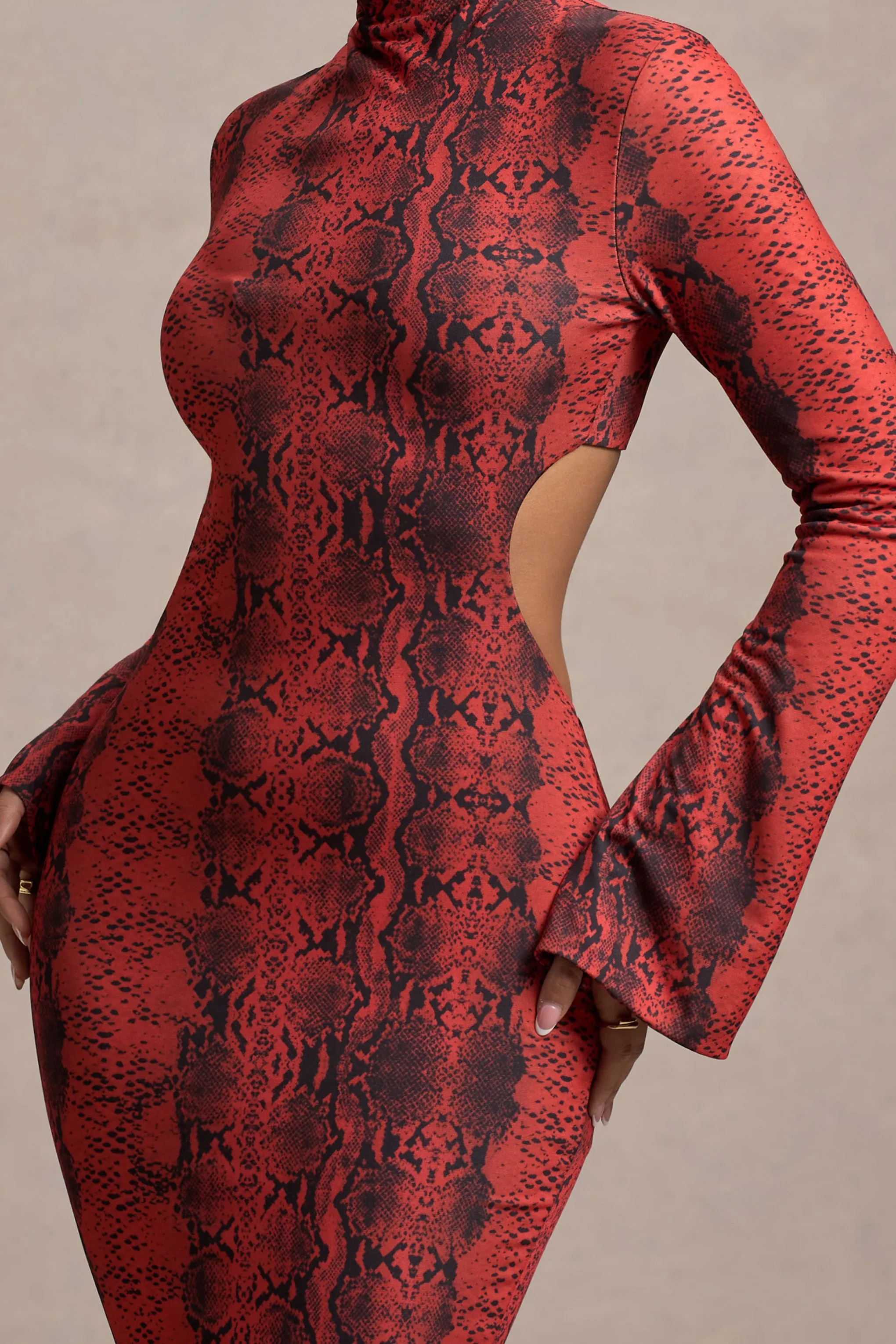 Arabia | Red Snake Print High-Neck Cut-Out Maxi Dress Club L London