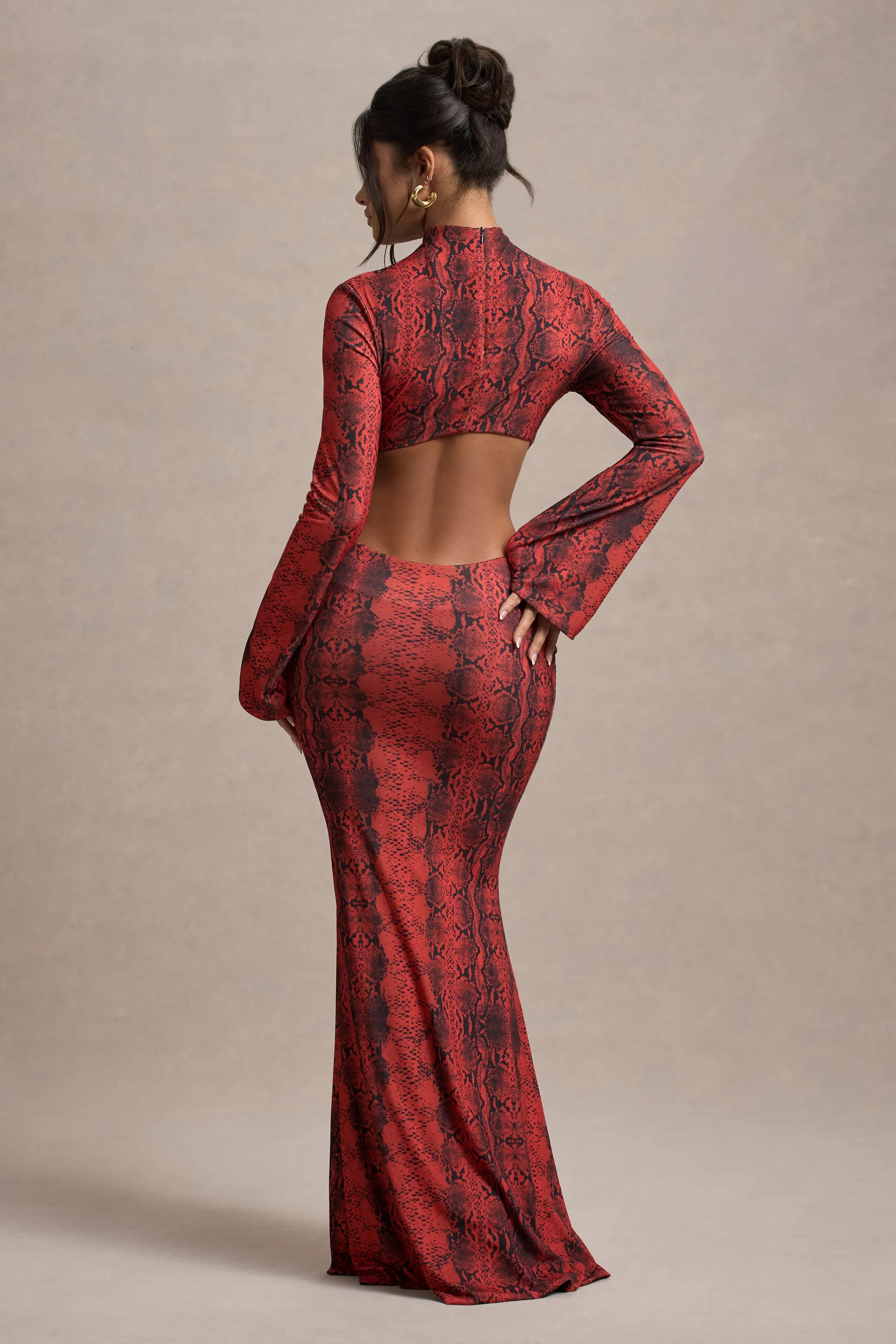 Arabia | Red Snake Print High-Neck Cut-Out Maxi Dress Club L London