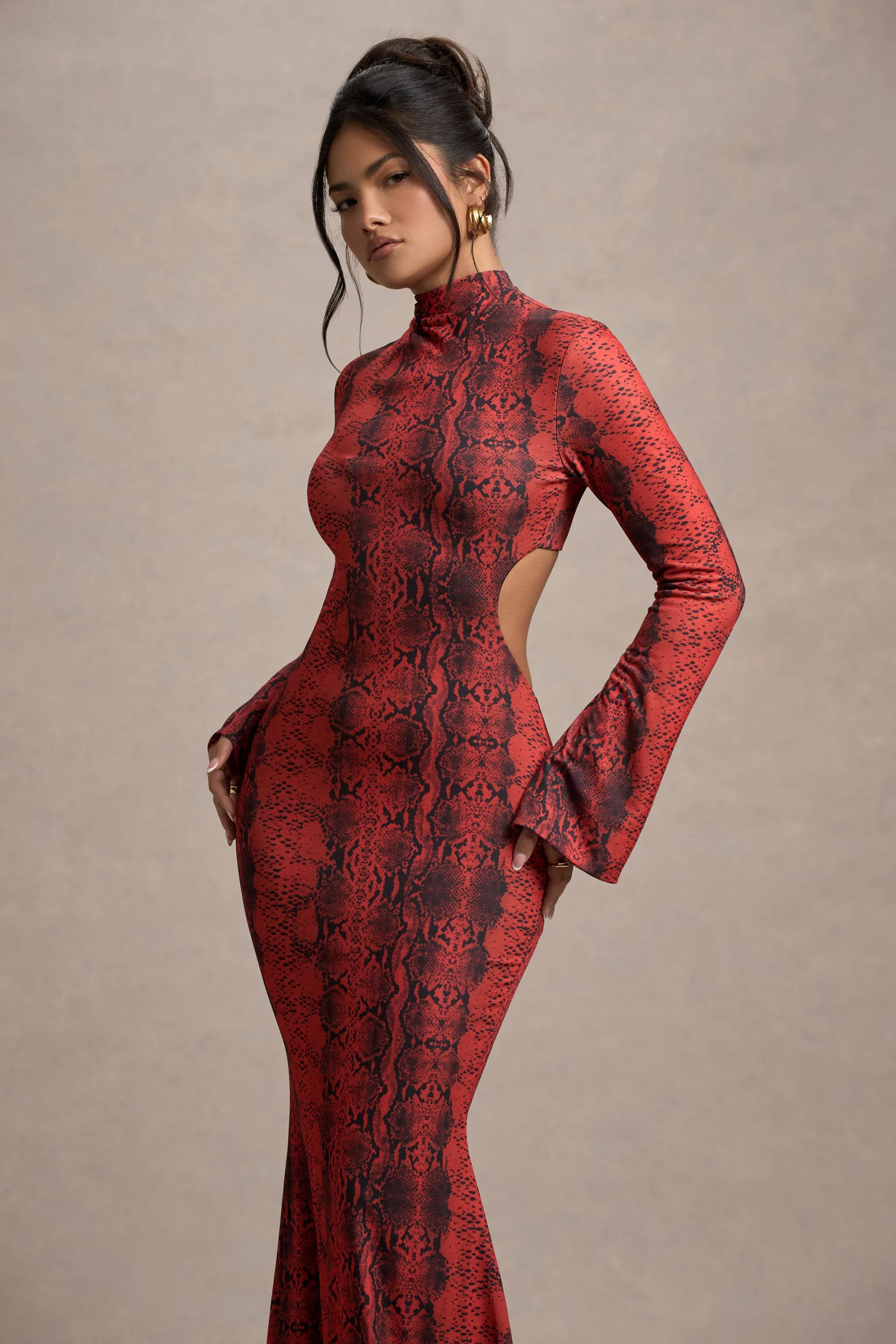 Arabia | Red Snake Print High-Neck Cut-Out Maxi Dress Club L London
