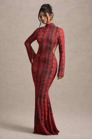 Arabia | Red Snake Print High-Neck Cut-Out Maxi Dress Club L London