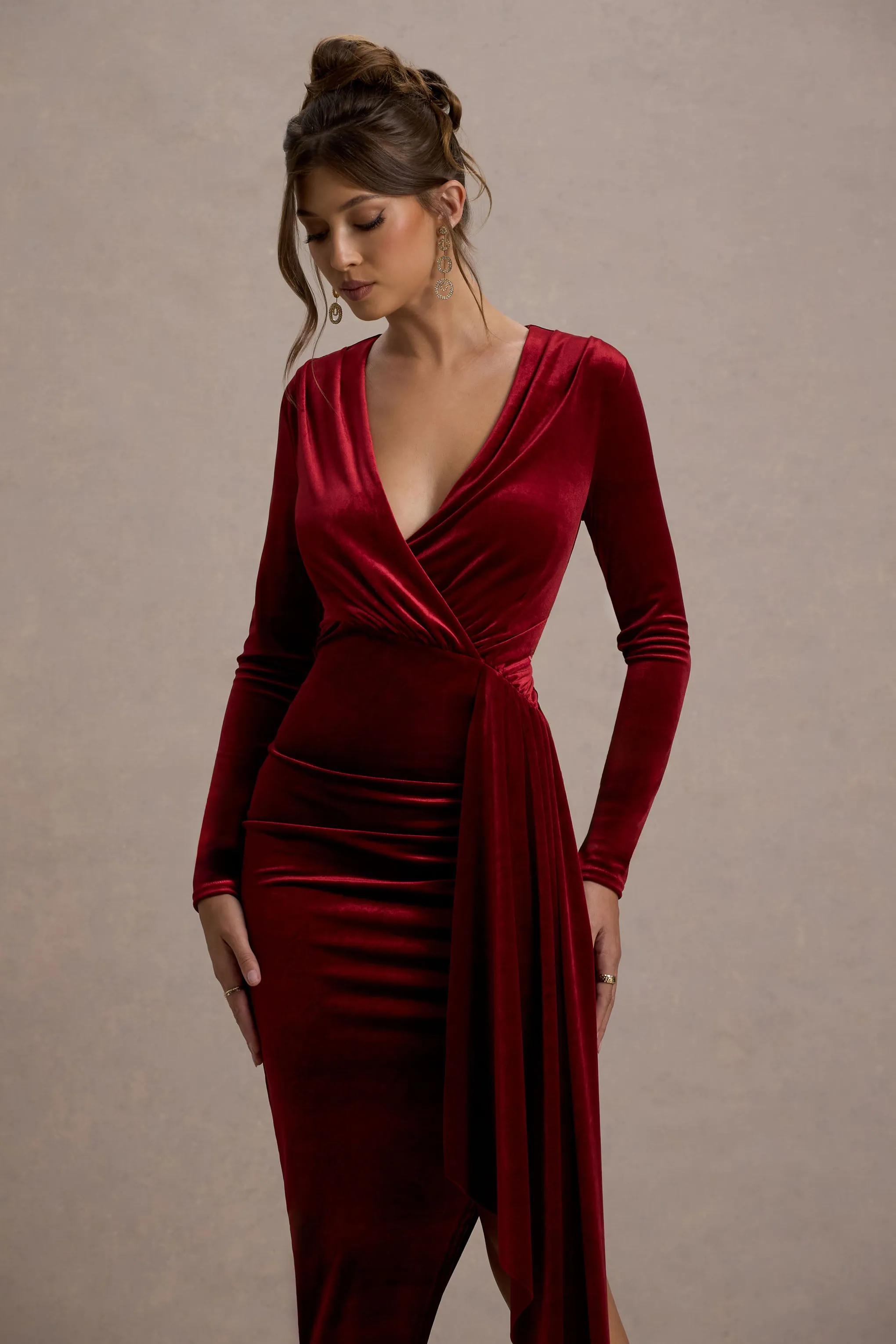 Arcadia | Berry Velvet Plunge-Neck Wrap Midi Dress Club L London