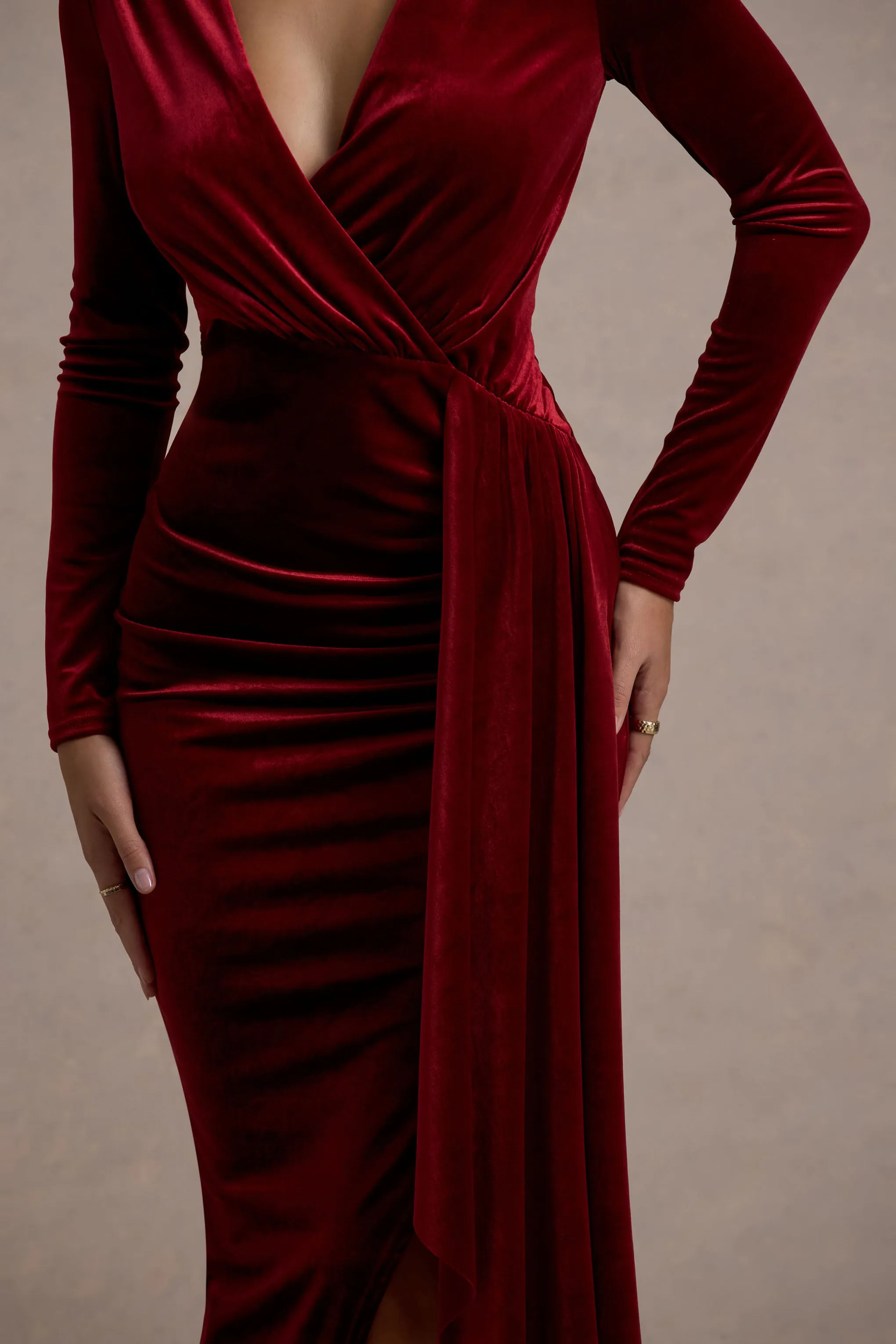 Arcadia | Berry Velvet Plunge-Neck Wrap Midi Dress Club L London