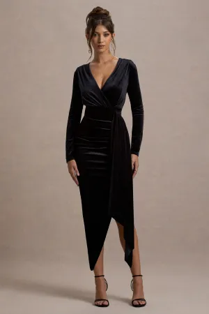 Arcadia | Black Velvet Plunge-Neck Wrap Midi Dress Club L London