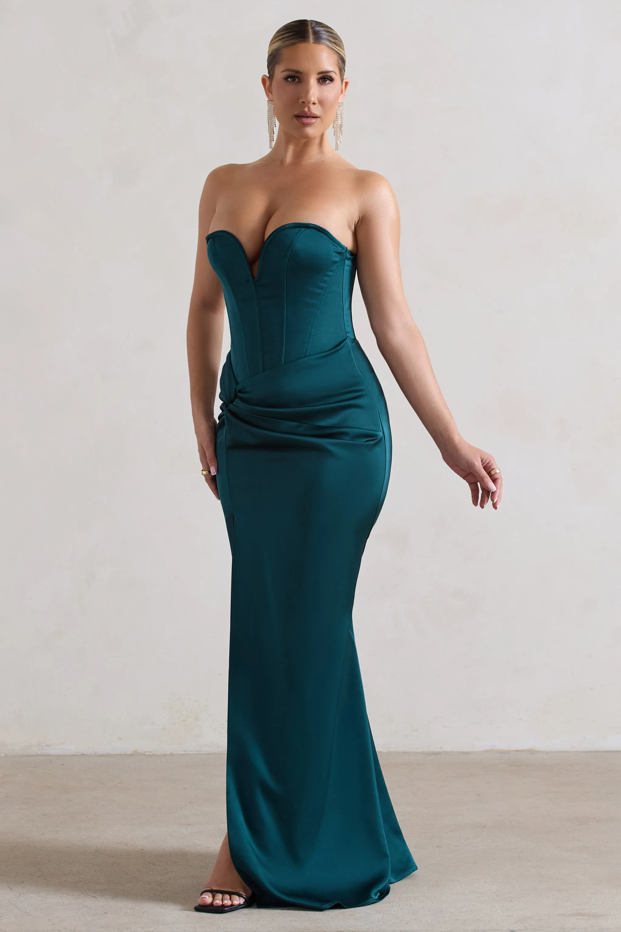 Ardelle | Dark Green Satin Corseted Wrap Maxi Dress Club L London