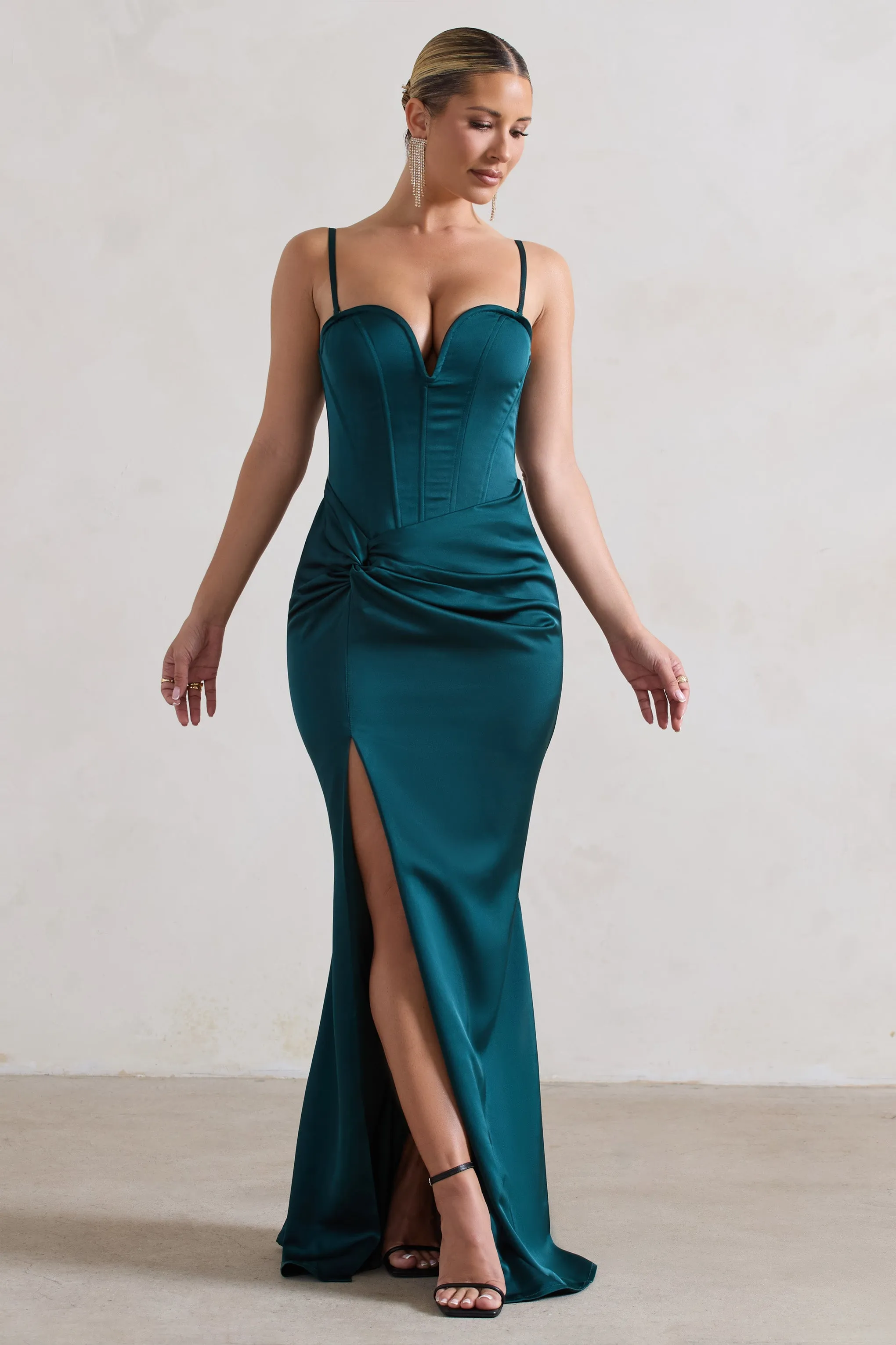 Ardelle | Dark Green Satin Corseted Wrap Maxi Dress Club L London