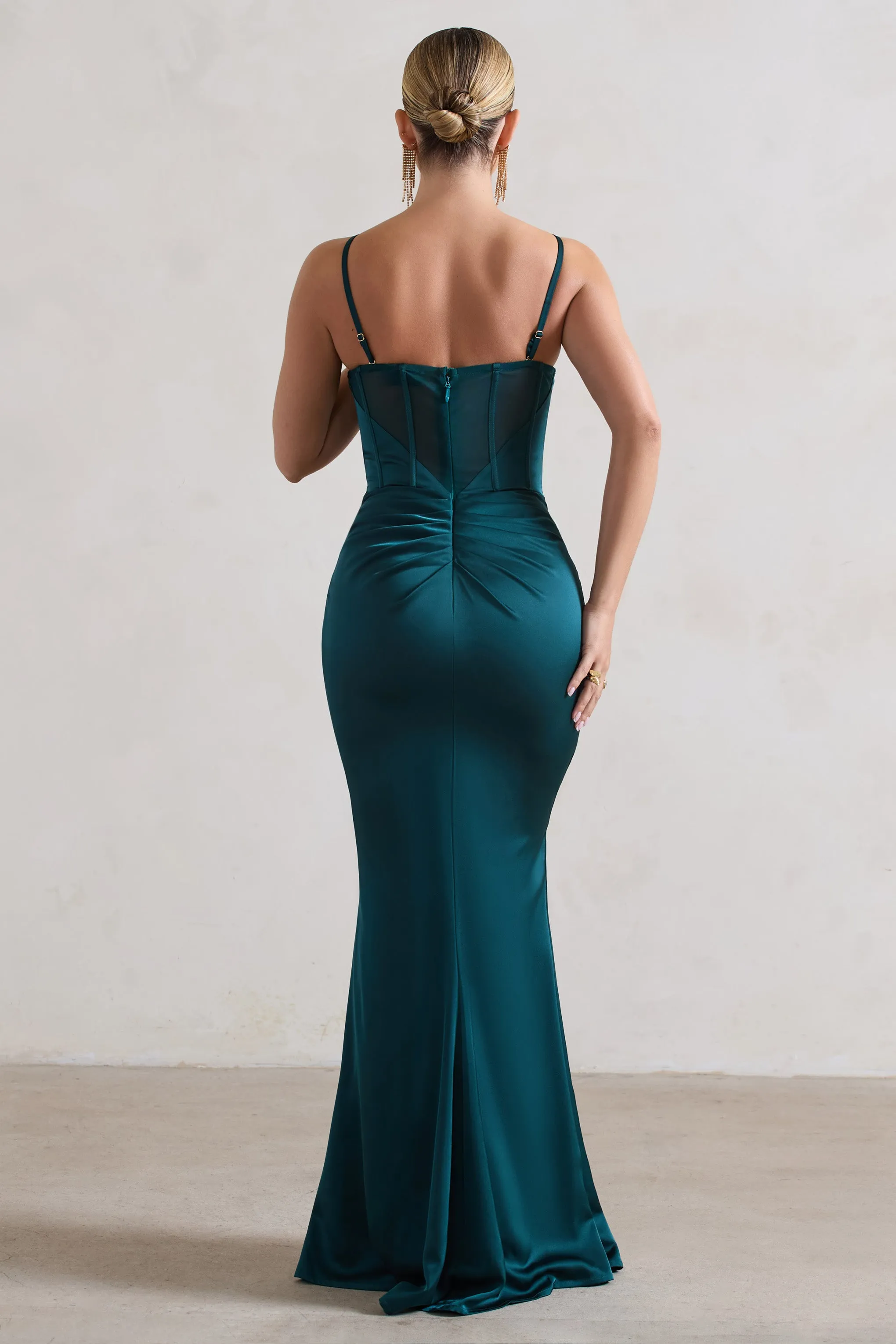 Ardelle | Dark Green Satin Corseted Wrap Maxi Dress Club L London
