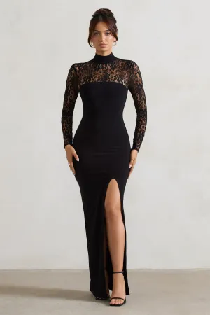 Arden | Black High-Neck Split Maxi Dress With Lace Sleeves Club L London