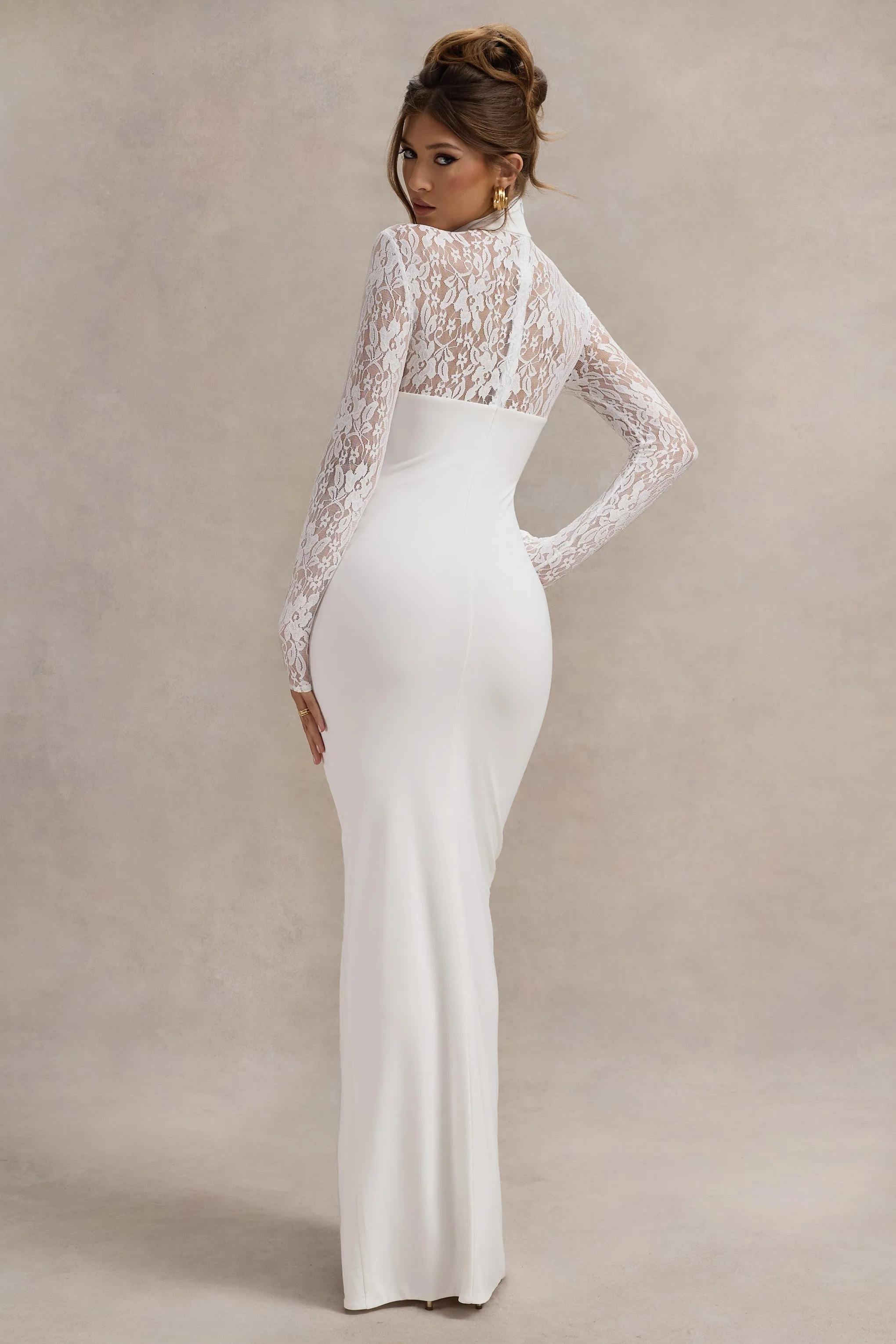 Arden | White High-Neck Split Maxi Dress With Lace Sleeves Club L London