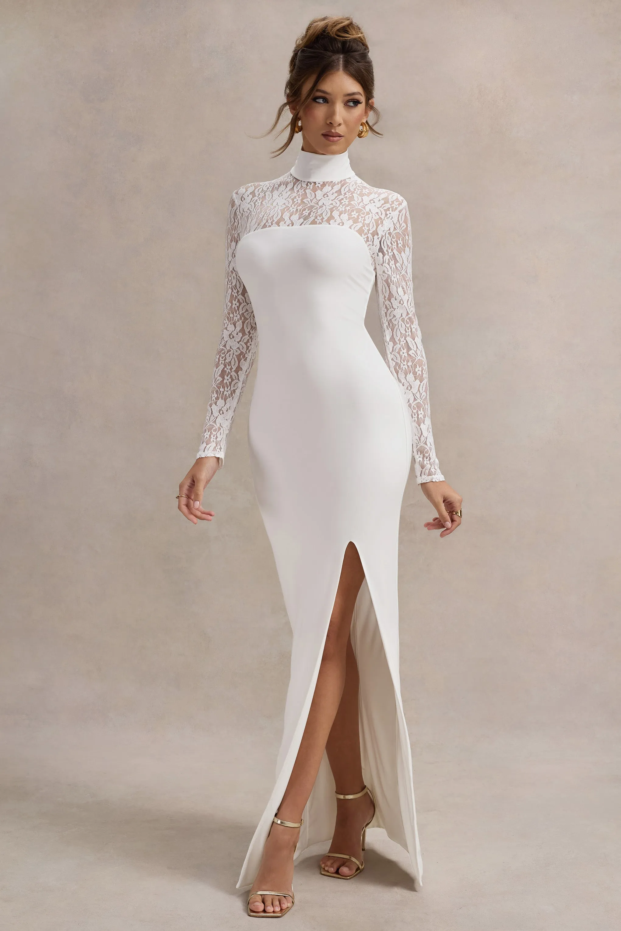 Arden | White High-Neck Split Maxi Dress With Lace Sleeves Club L London